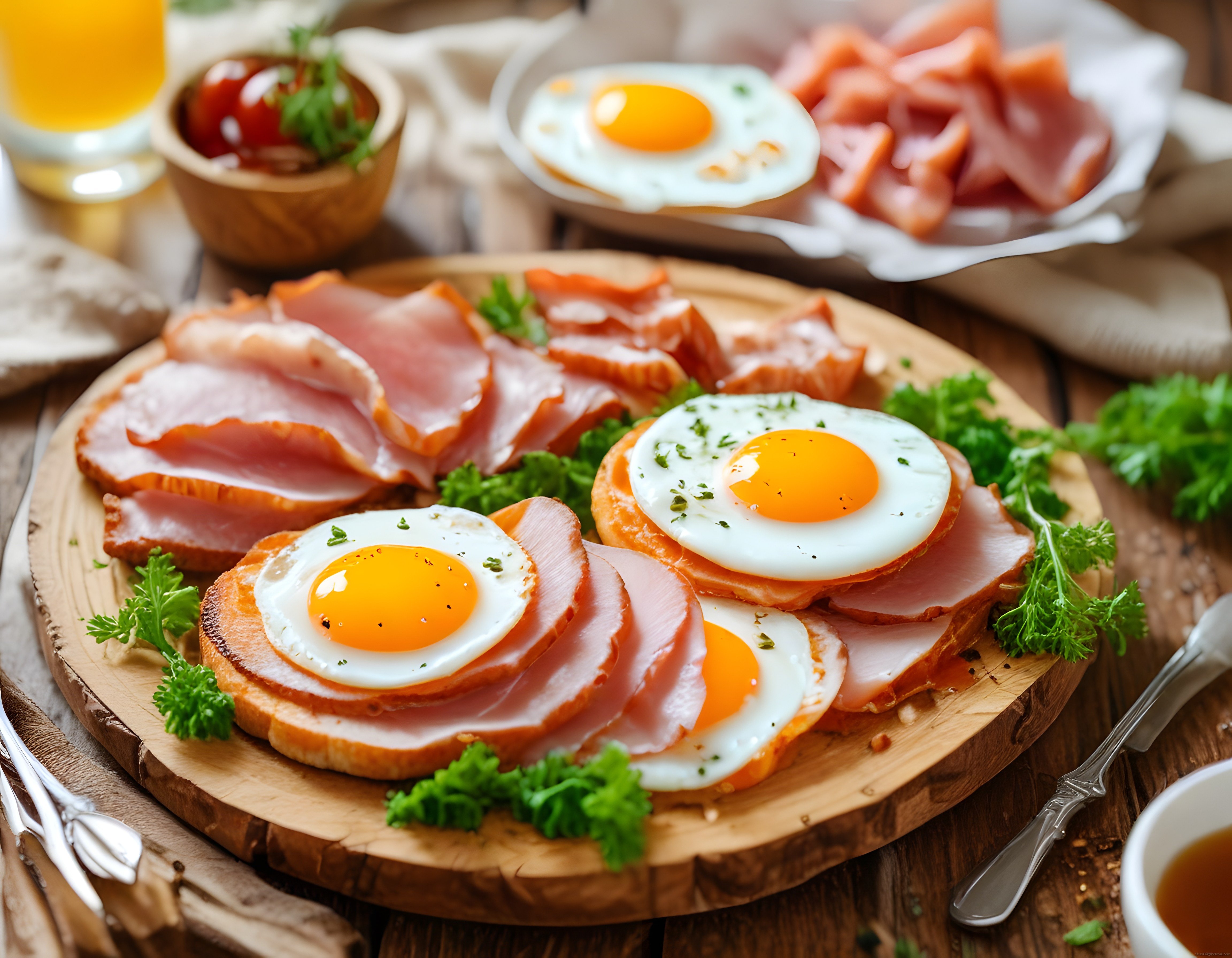 Rustik Ahşap Sunumda Nefis Jambonlu ve Yumurtalı Premium Kahvaltı Tabağı