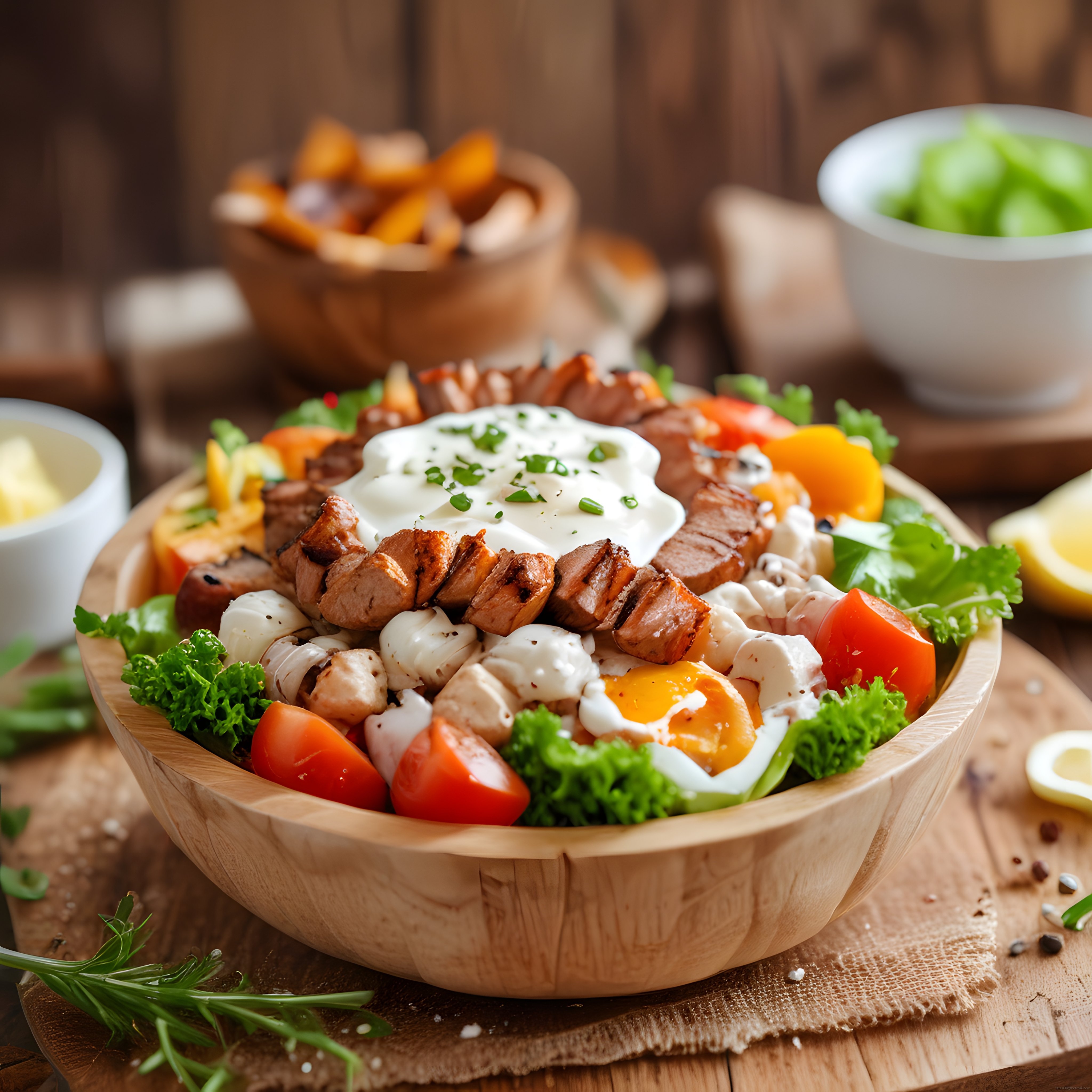 Rustik ahşap sunumda protein kasesi: ızgara et, yumurta ve taze sebzeler