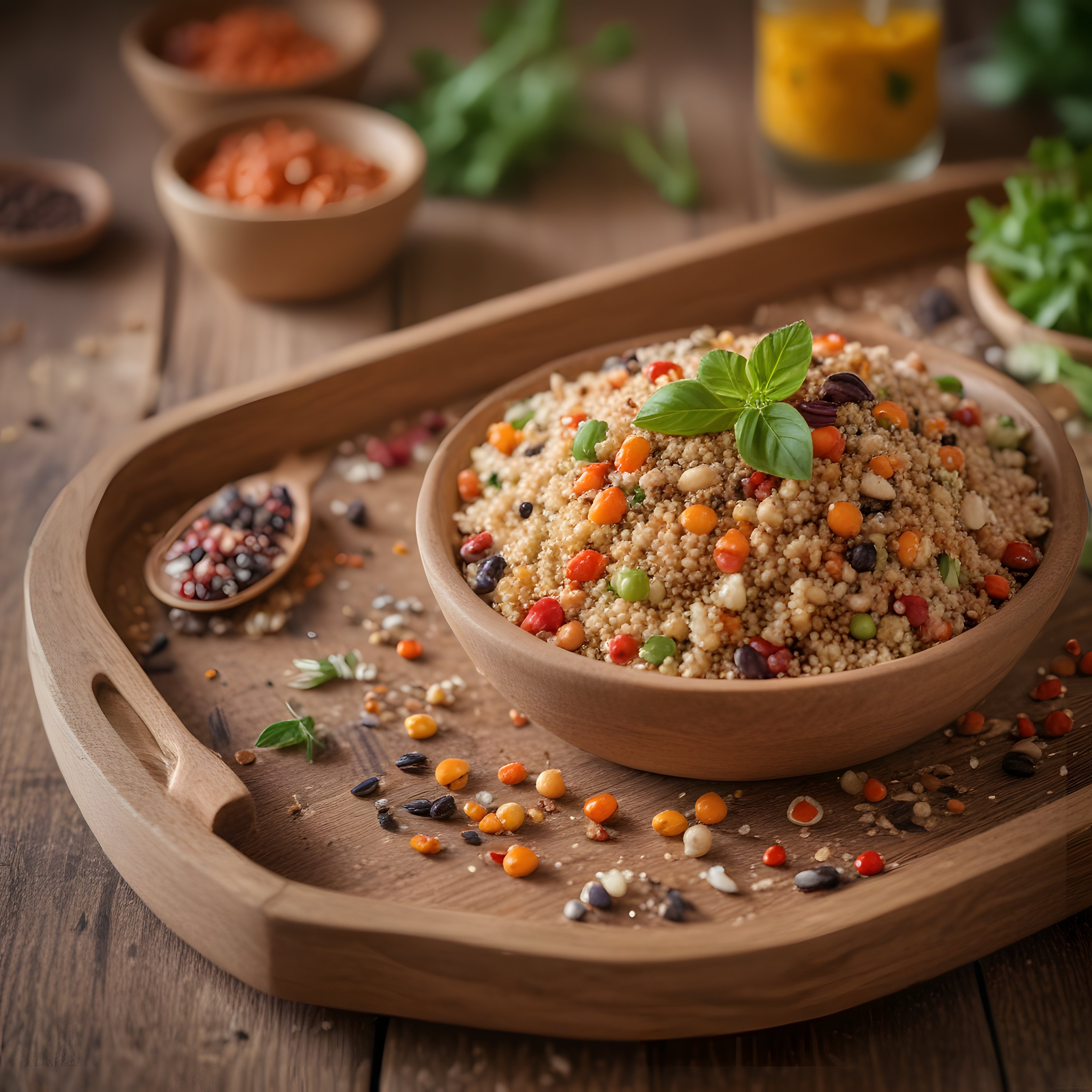 Rustik Ahşap Sunumda Renkli Kinoa Salatası ve Sağlıklı Beslenme Önerisi