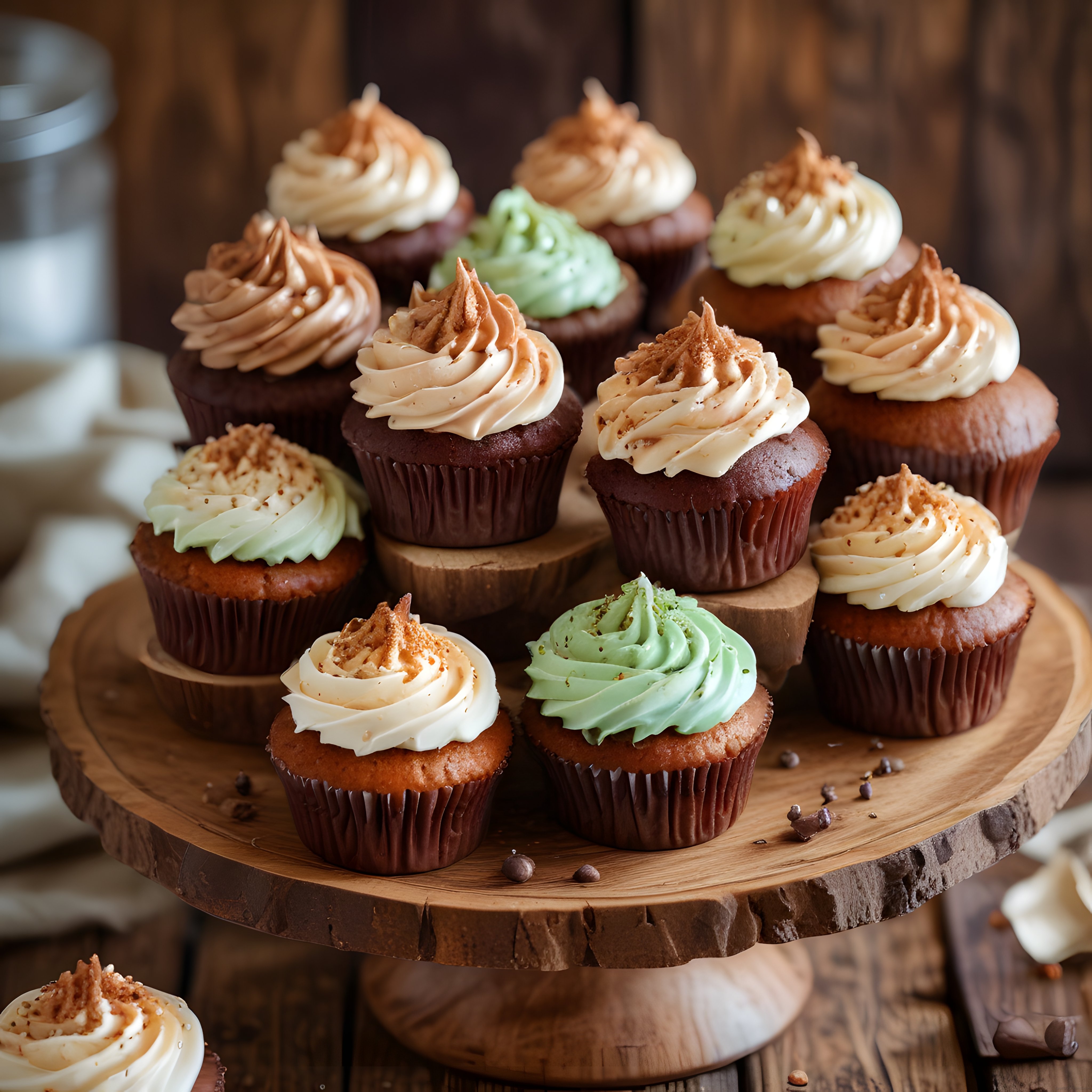 Rustik ahşap sunumda renkli kremalı cupcakeler ve tatlı atıştırmalıklar