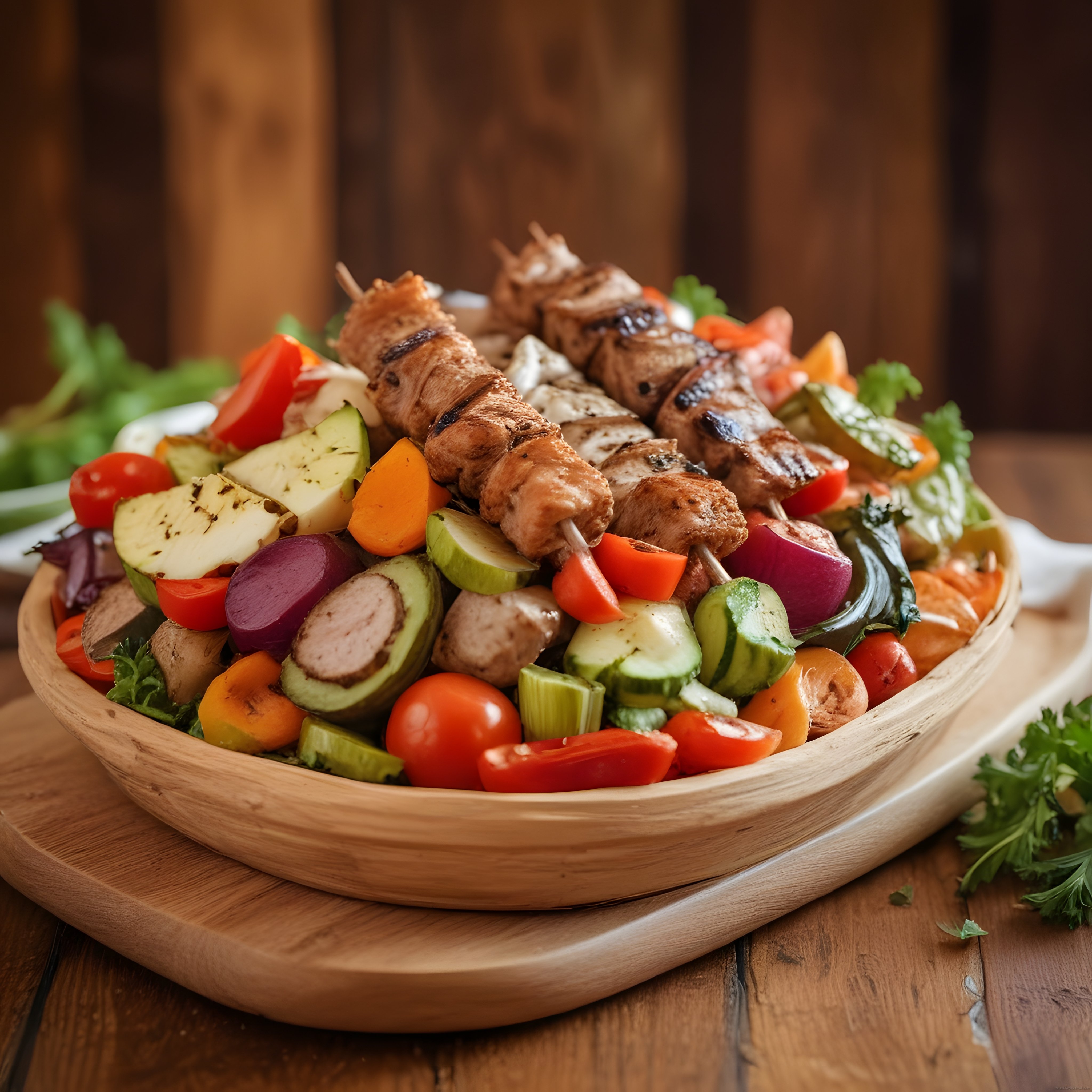 Rustik Ahşap Sunumda Renkli Sebzeli Izgara Et Şiş ve Lezzetli Kebap