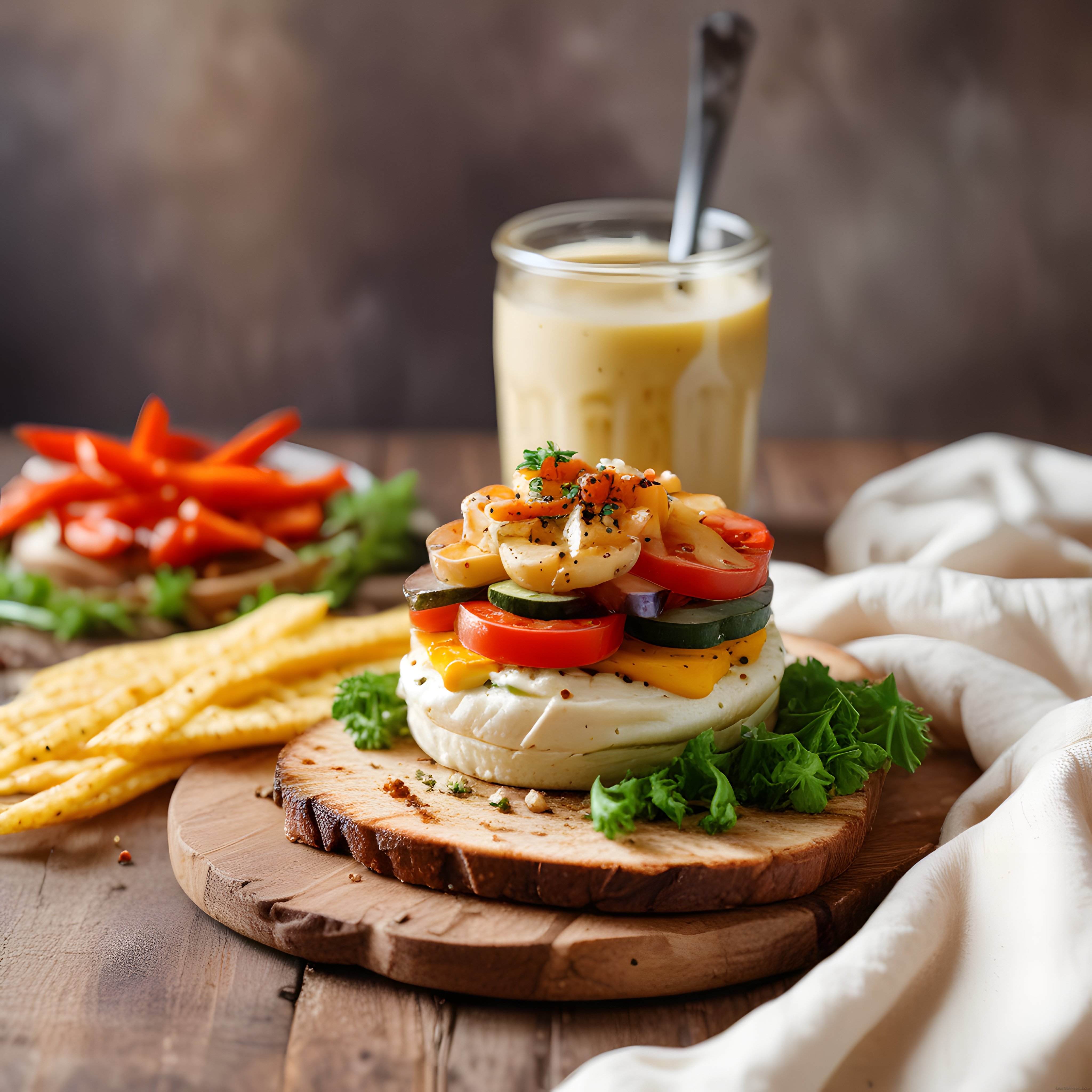 rustik ahşap sunumda renkli sebzeli peynirli kule salata ve krema sos kavanozu