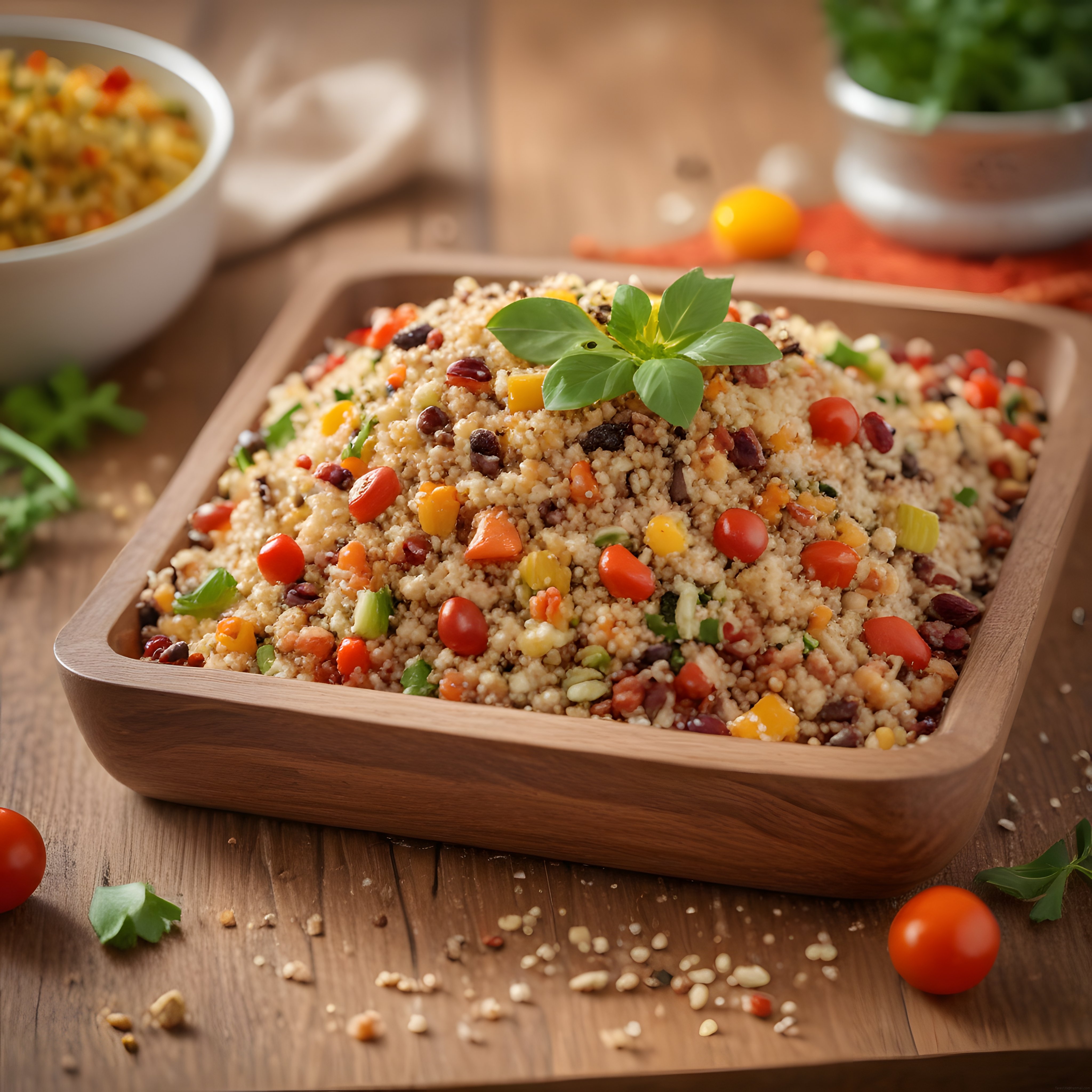 Rustik Ahşap Sunumda Renkli Sebzeli ve Bakliyatlı Kuskus Salatası