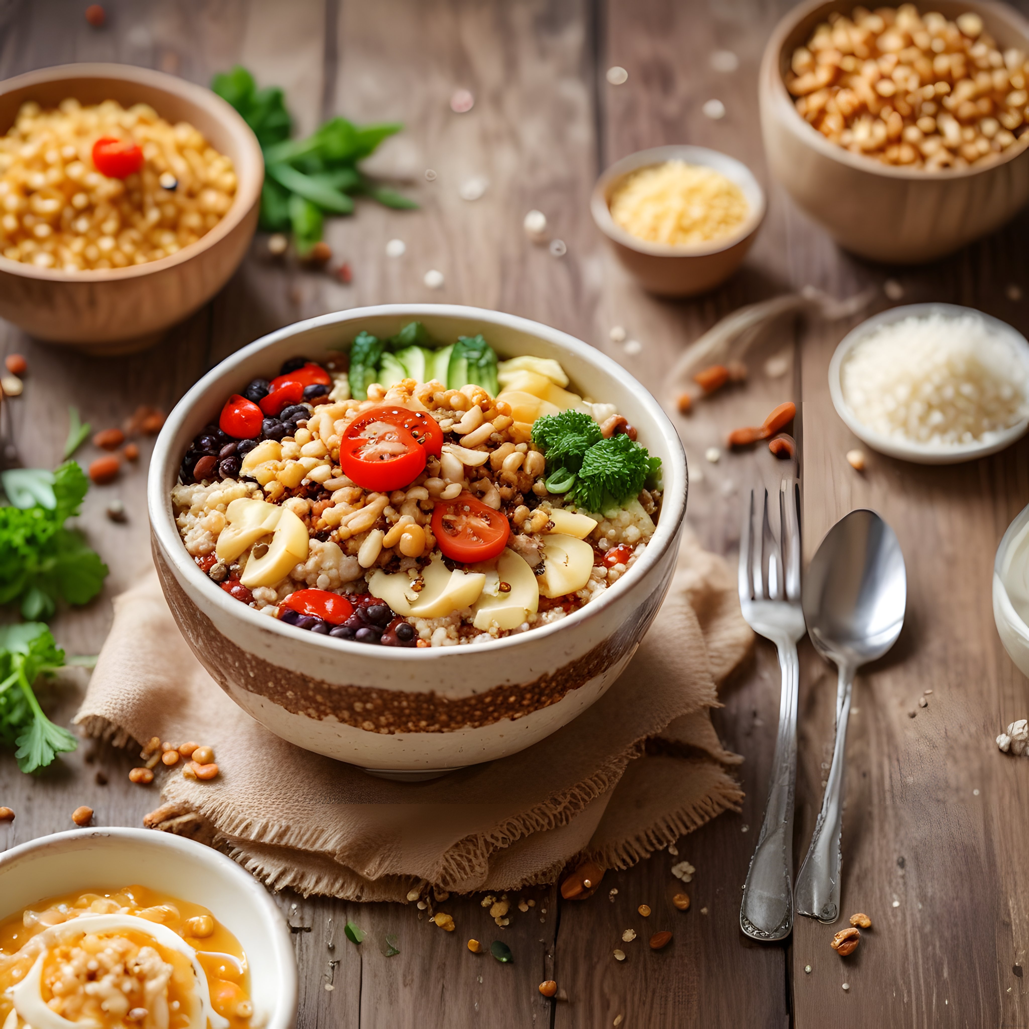 Rustik Ahşap Sunumda Renkli Sebzeli ve Tahıllı Nefis Bowl Kasesi