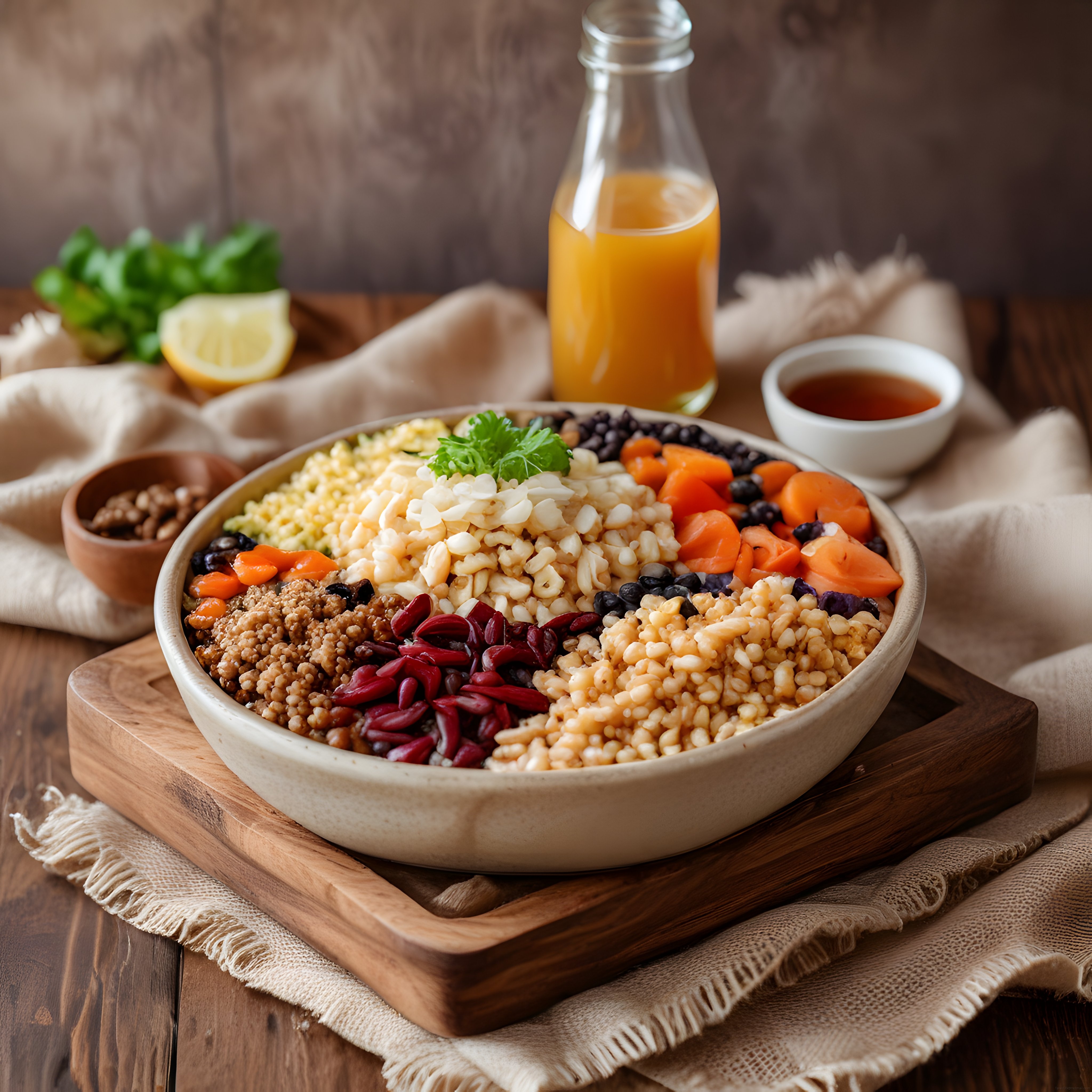 Rustik Ahşap Sunumda Renkli Tahıl Kasesi: Sağlıklı Vegan Bowl Keyfi