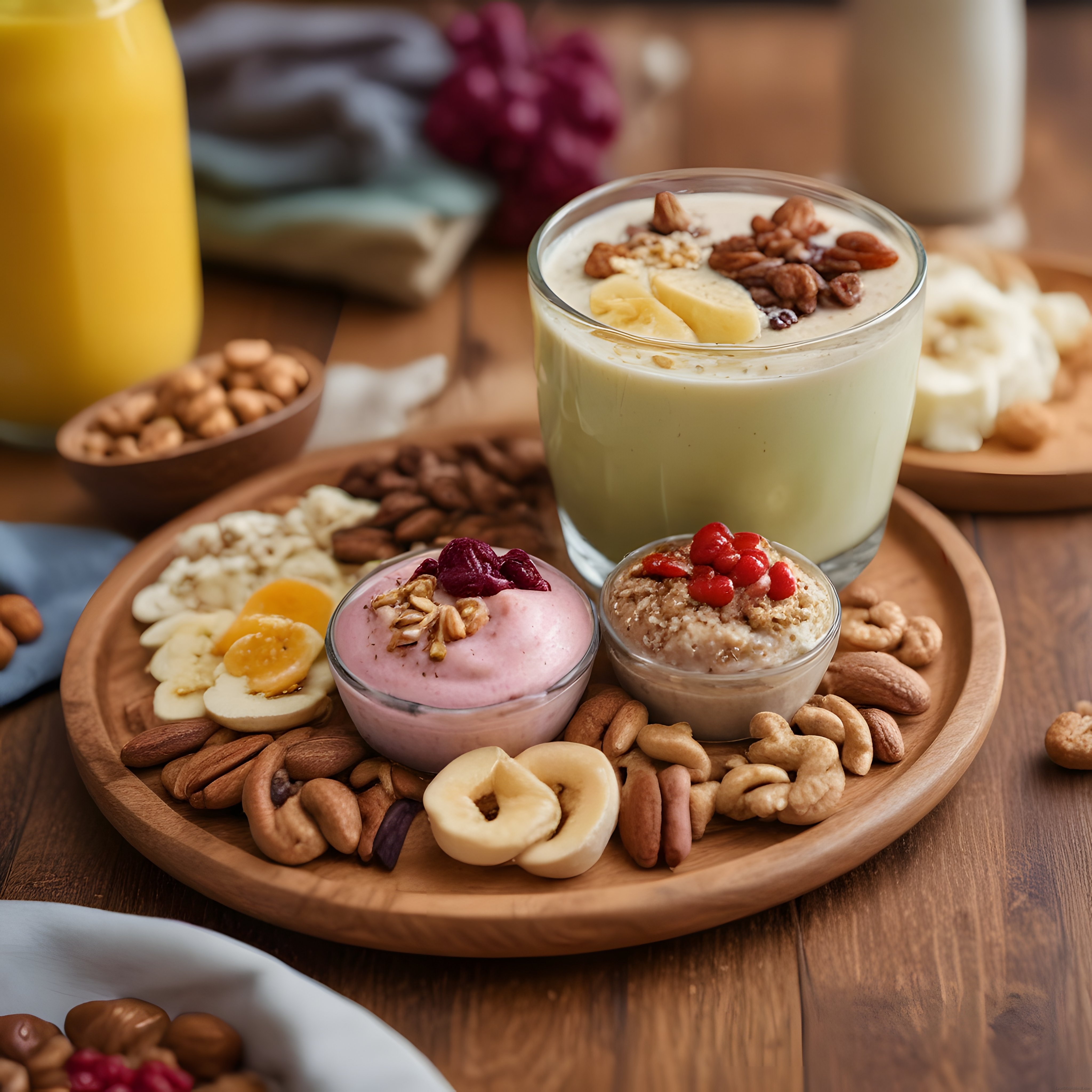 Rustik Ahşap Sunumda Sağlıklı Kahvaltı Keyfi: Kuruyemiş ve Smoothie