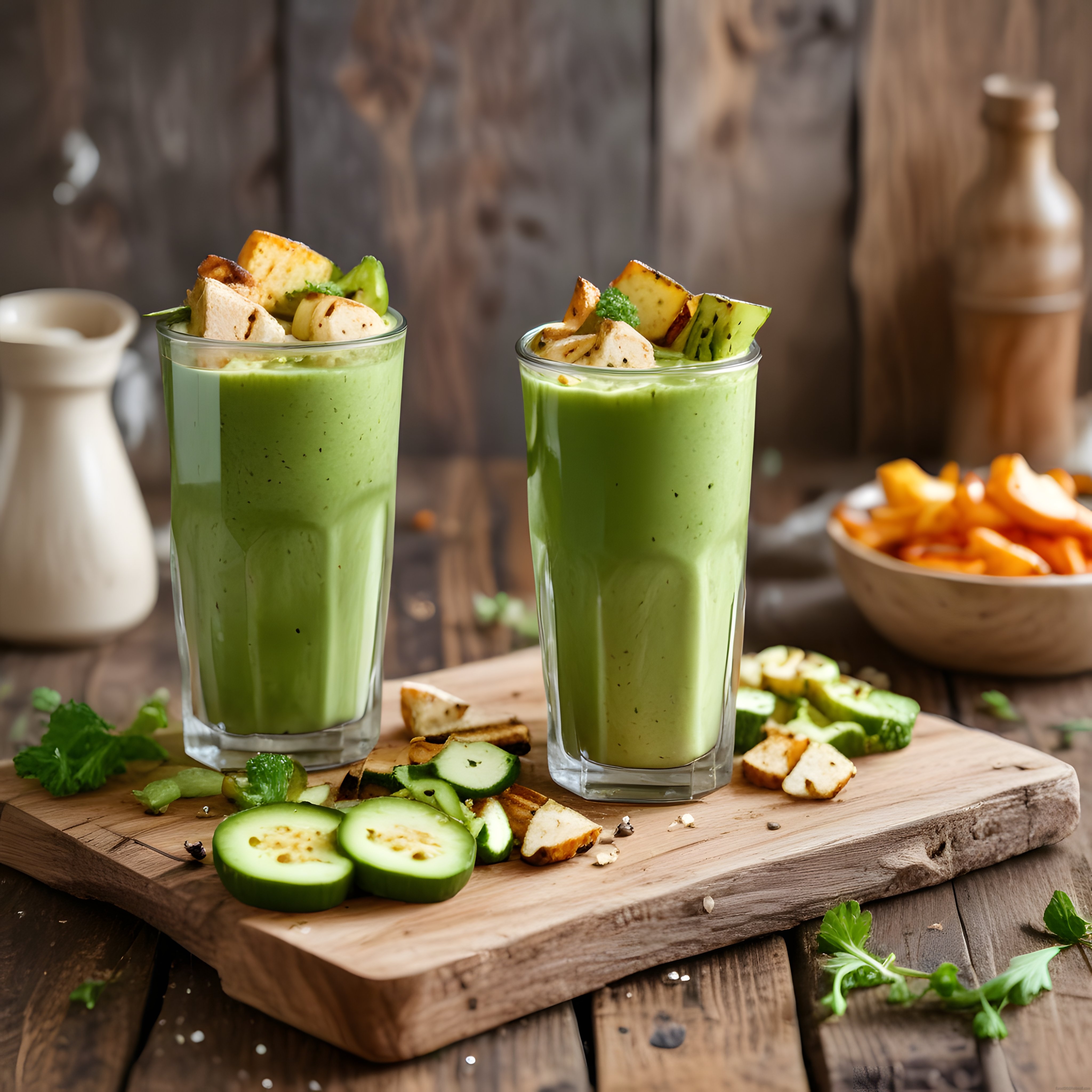 Rustik Ahşap Sunumda Salatalıklı Tavuklu Yeşil Kremalı Smoothie ve Çorba Tarifi