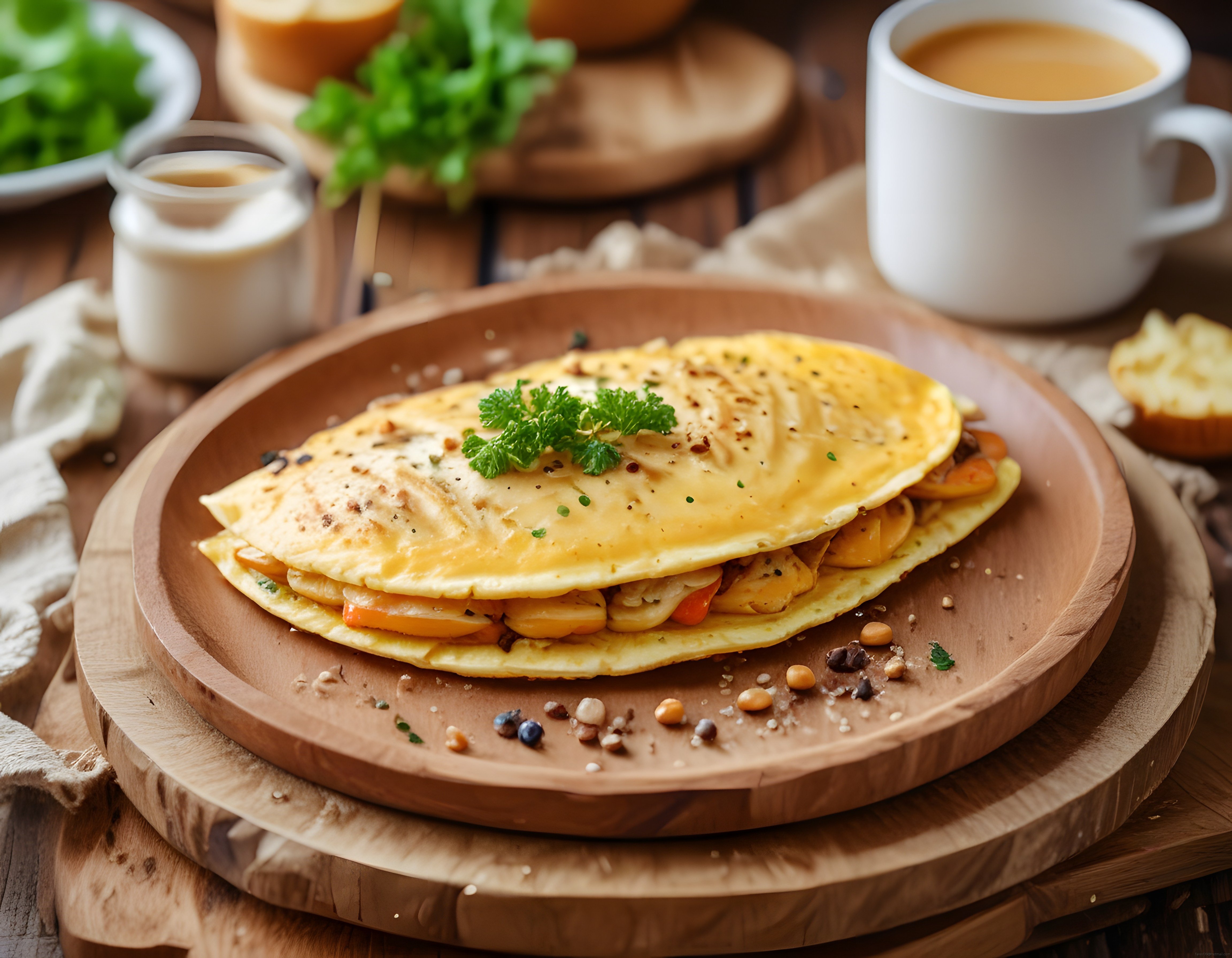 Rustik Ahşap Sunumda Sebzeli Omlet ve Sıcak Kahve ile Kahvaltı Keyfi