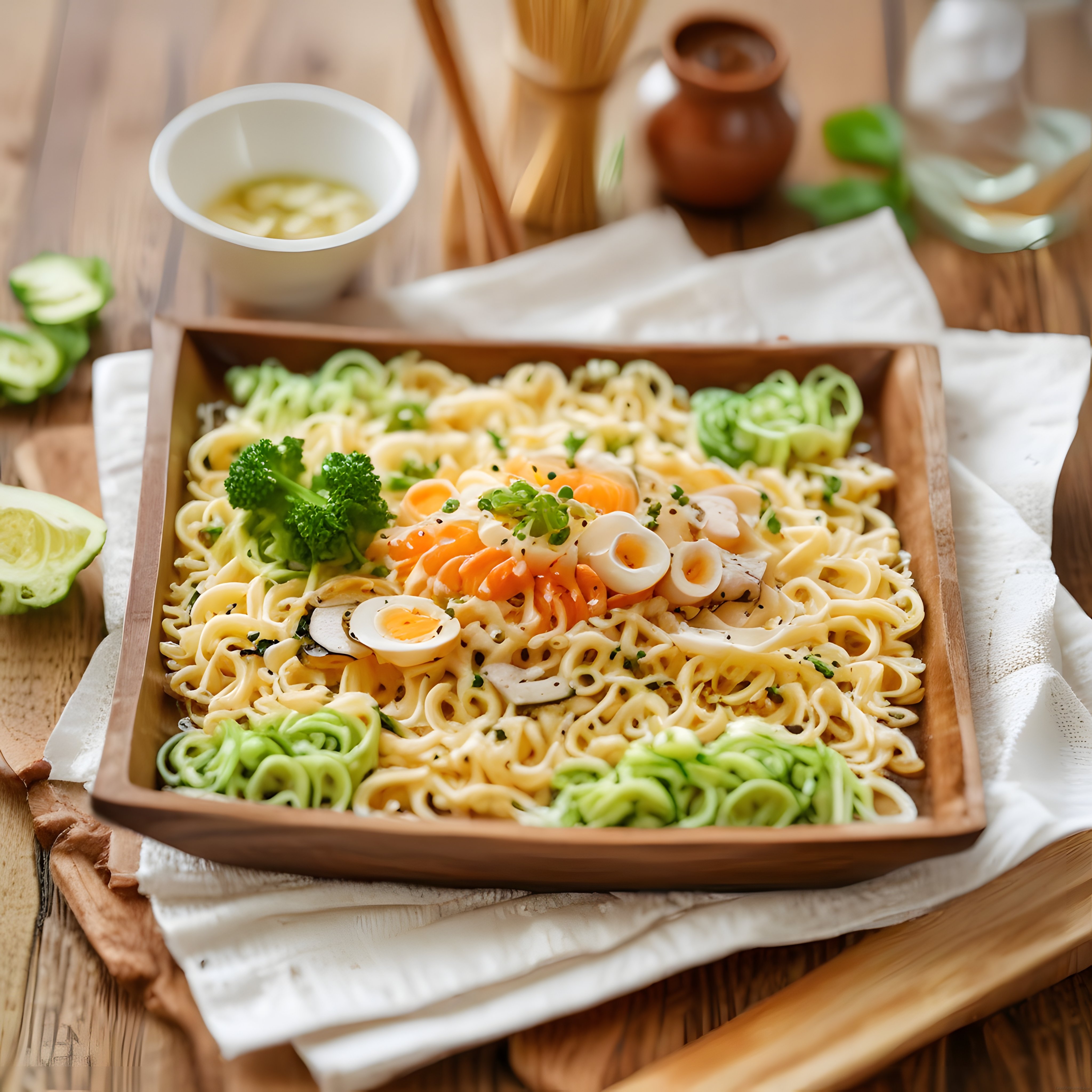 Rustik Ahşap Sunumda Sebzeli ve Yumurtalı Soğuk Noodle Salatası