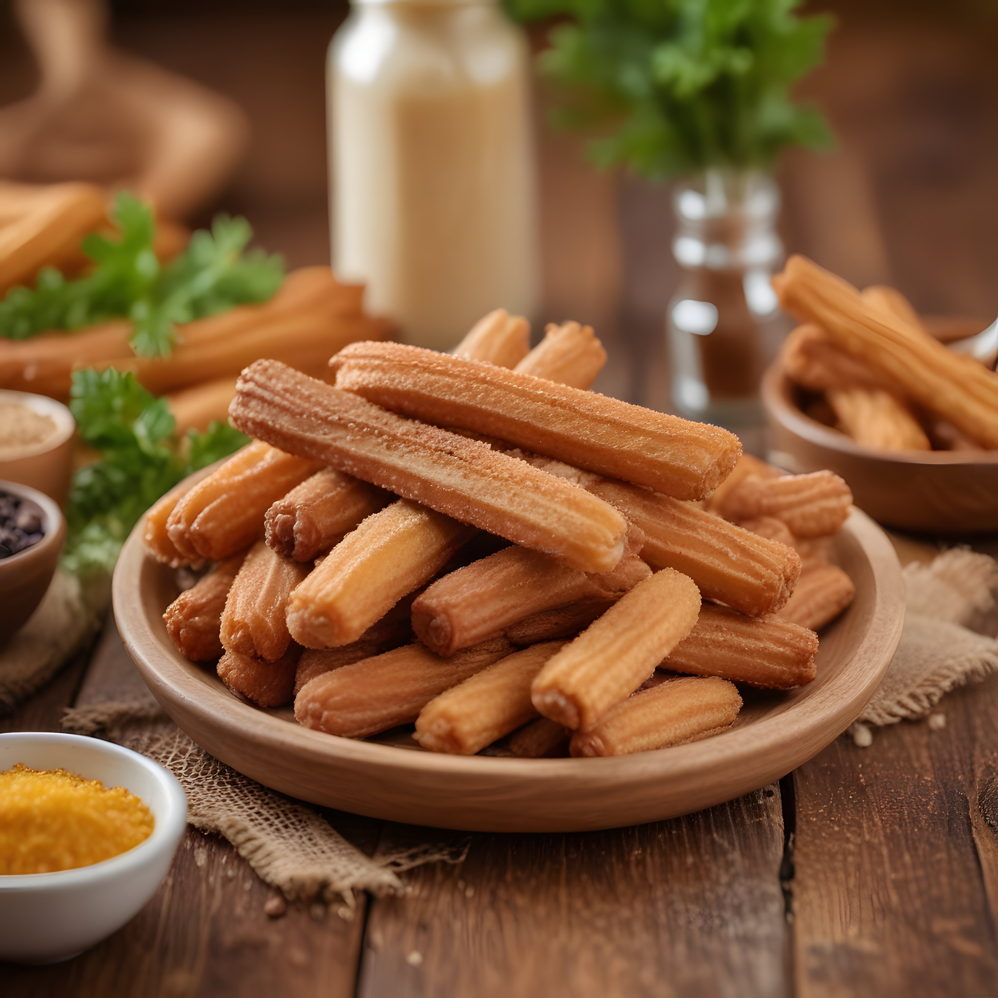 rustik ahşap sunumda tarçın şeker kaplı churrolar ve farklı dip soslar