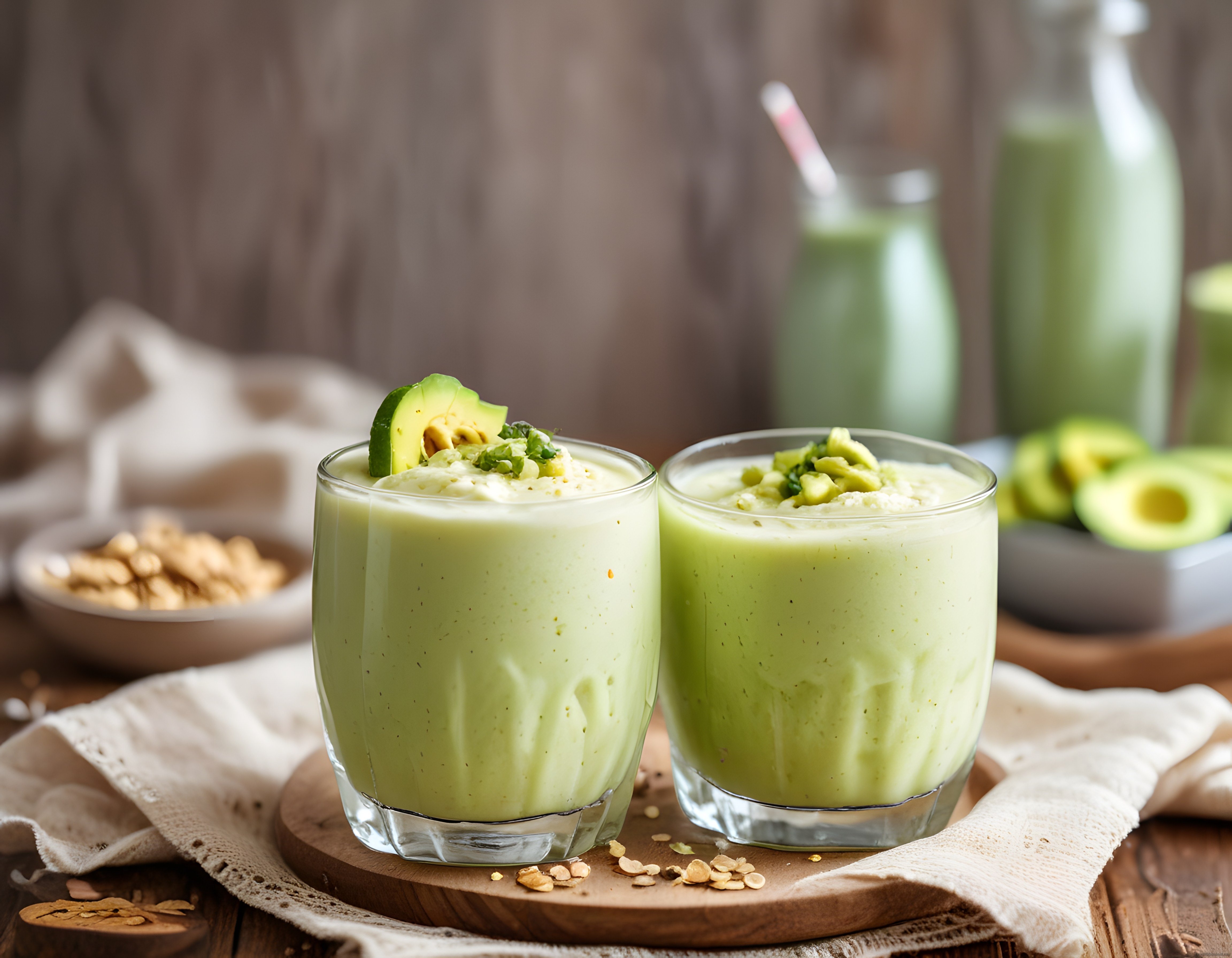 Rustik Ahşap Sunumda Taze Avokadolu Smoothie ve Ara Öğün İçeceği