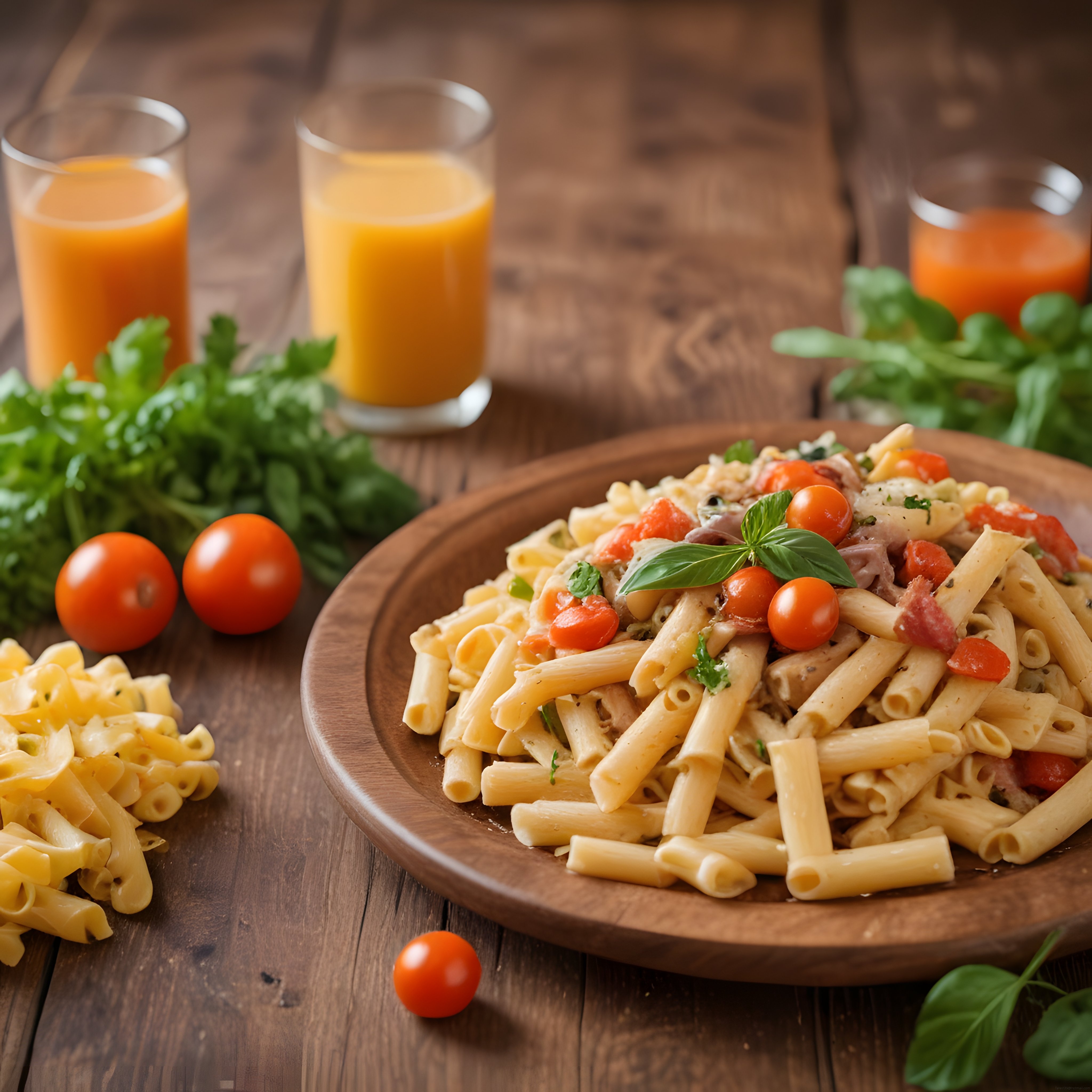 Rustik Ahşap Sunumda Taze Domatesli ve Fesleğenli Kremalı Penne Makarna