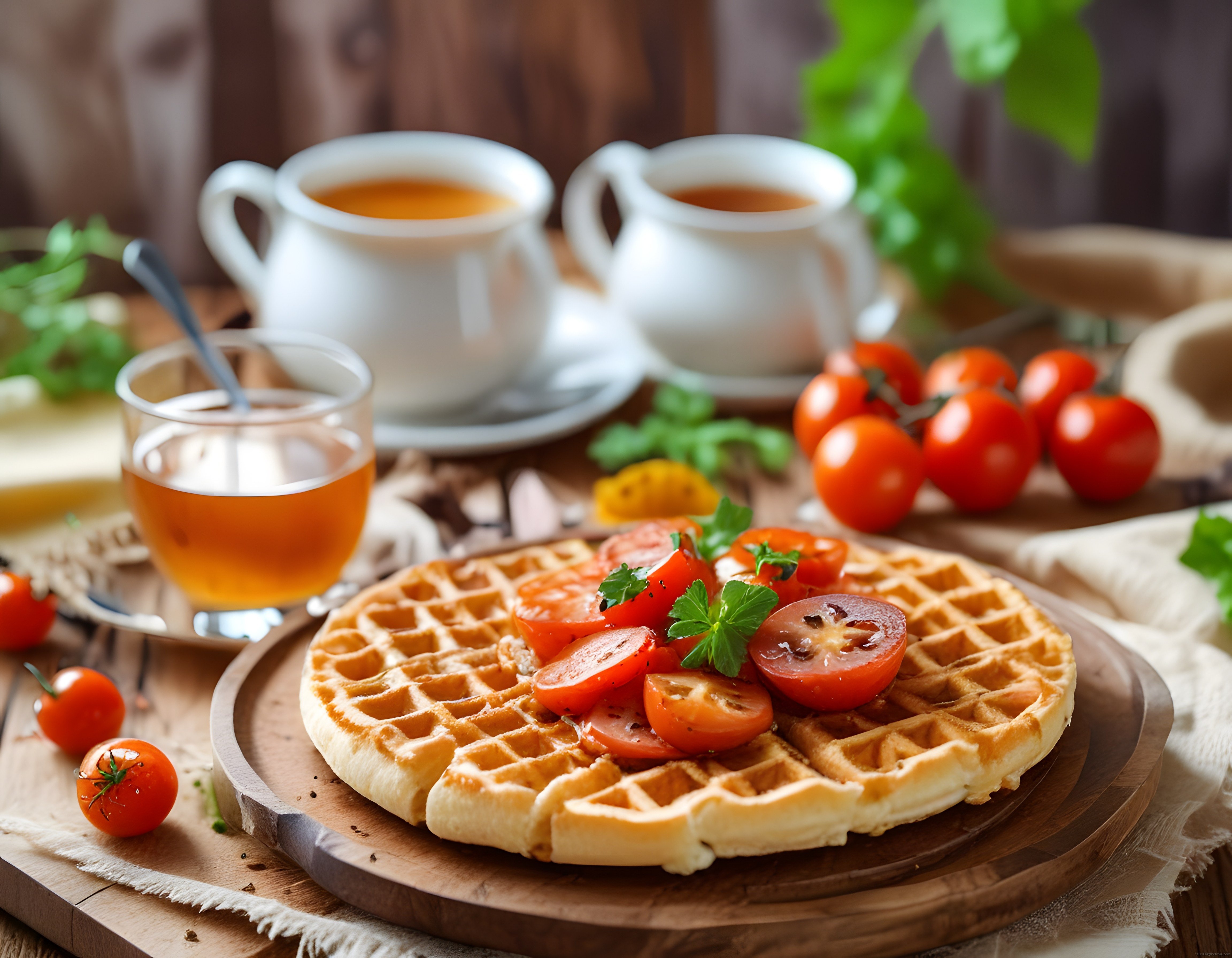 Rustik ahşap sunumda taze domatesli waffle ve sıcak çay ile keyifli kahvaltı
