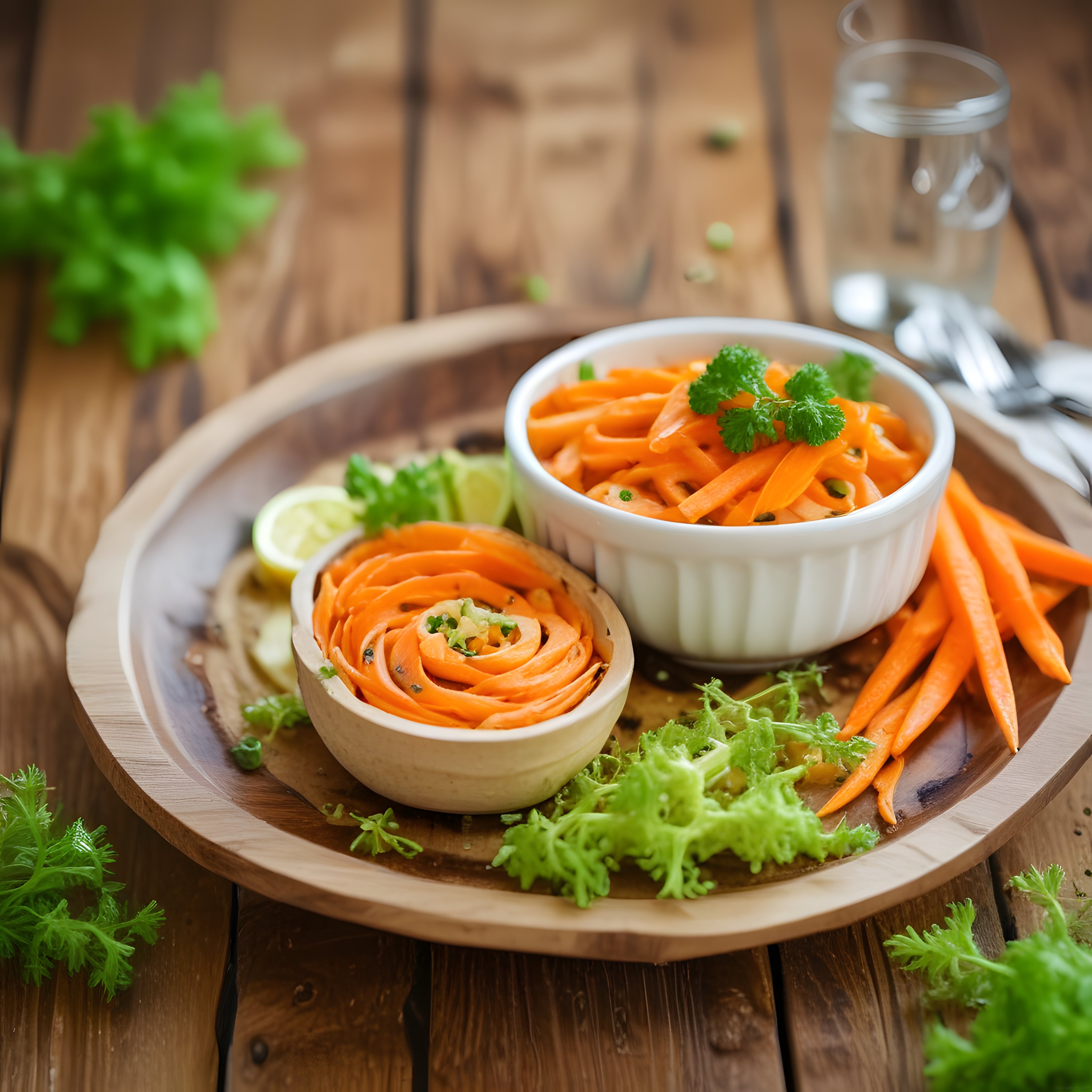 Rustik ahşap sunumda taze havuç salatası hazırlığı ve sağlıklı beslenme