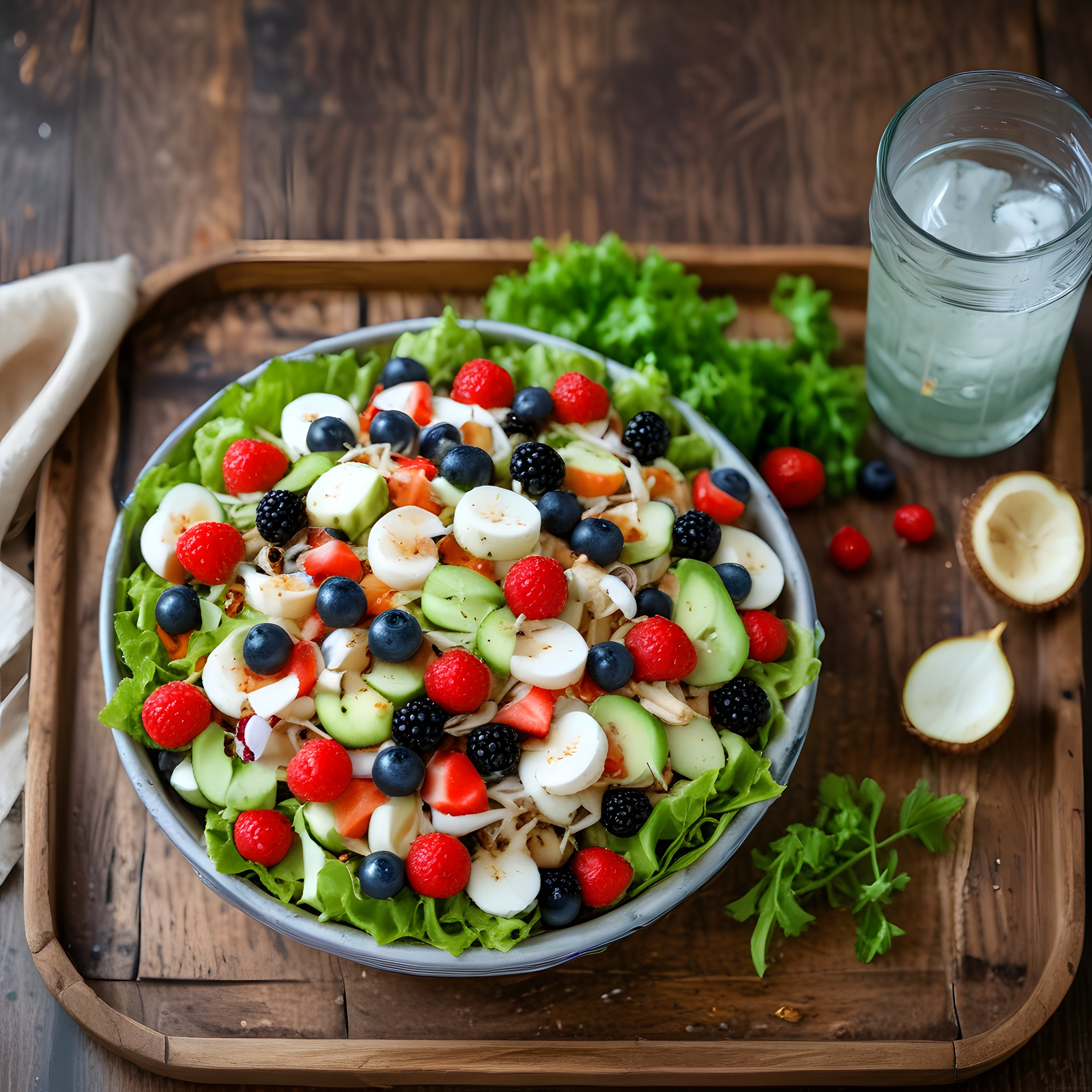 Rustik Ahşap Sunumda Taze Meyveli ve Yeşillikli Vitamin Salatası
