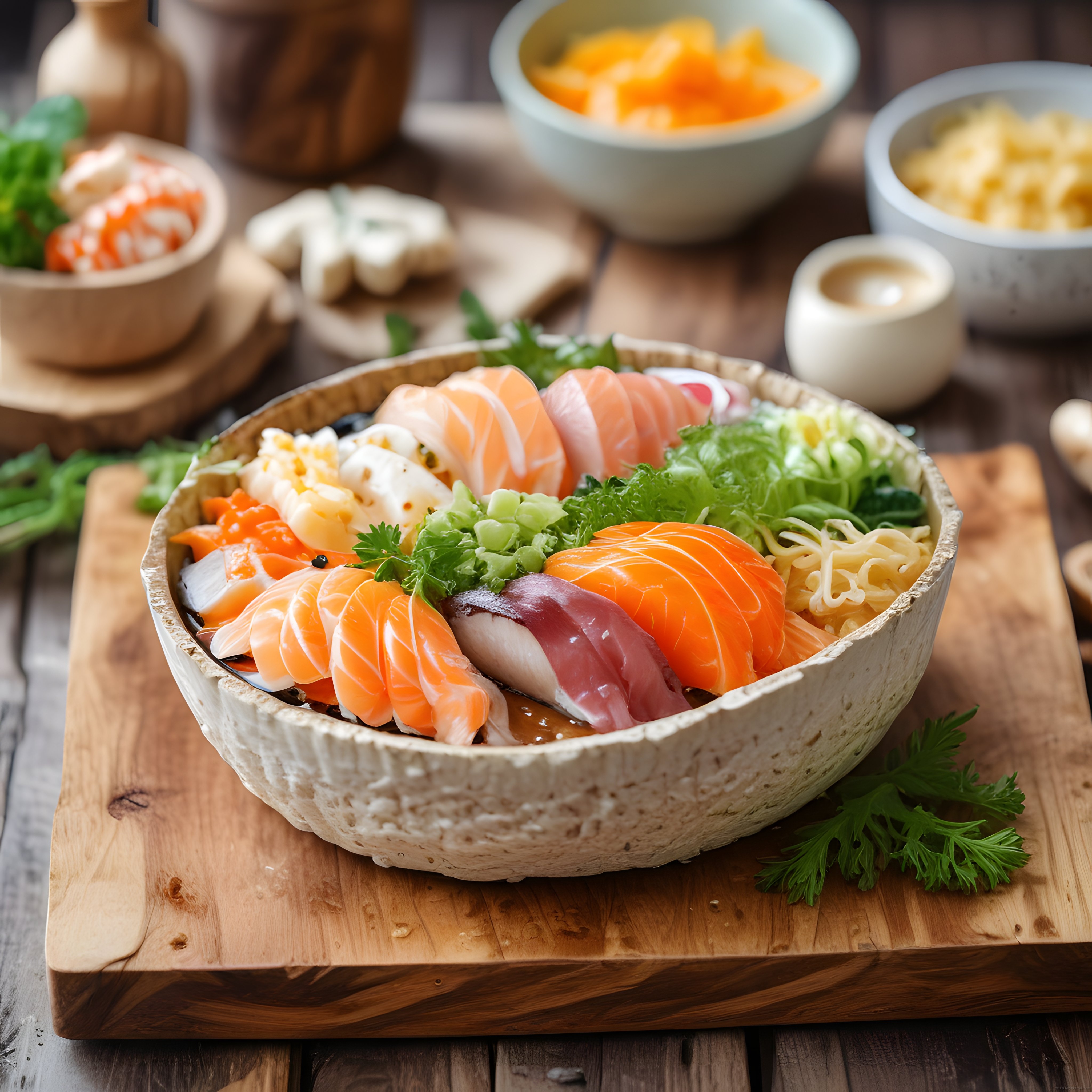 Rustik ahşap sunumda taze somon sashimi ve ton balıklı poke kasesi