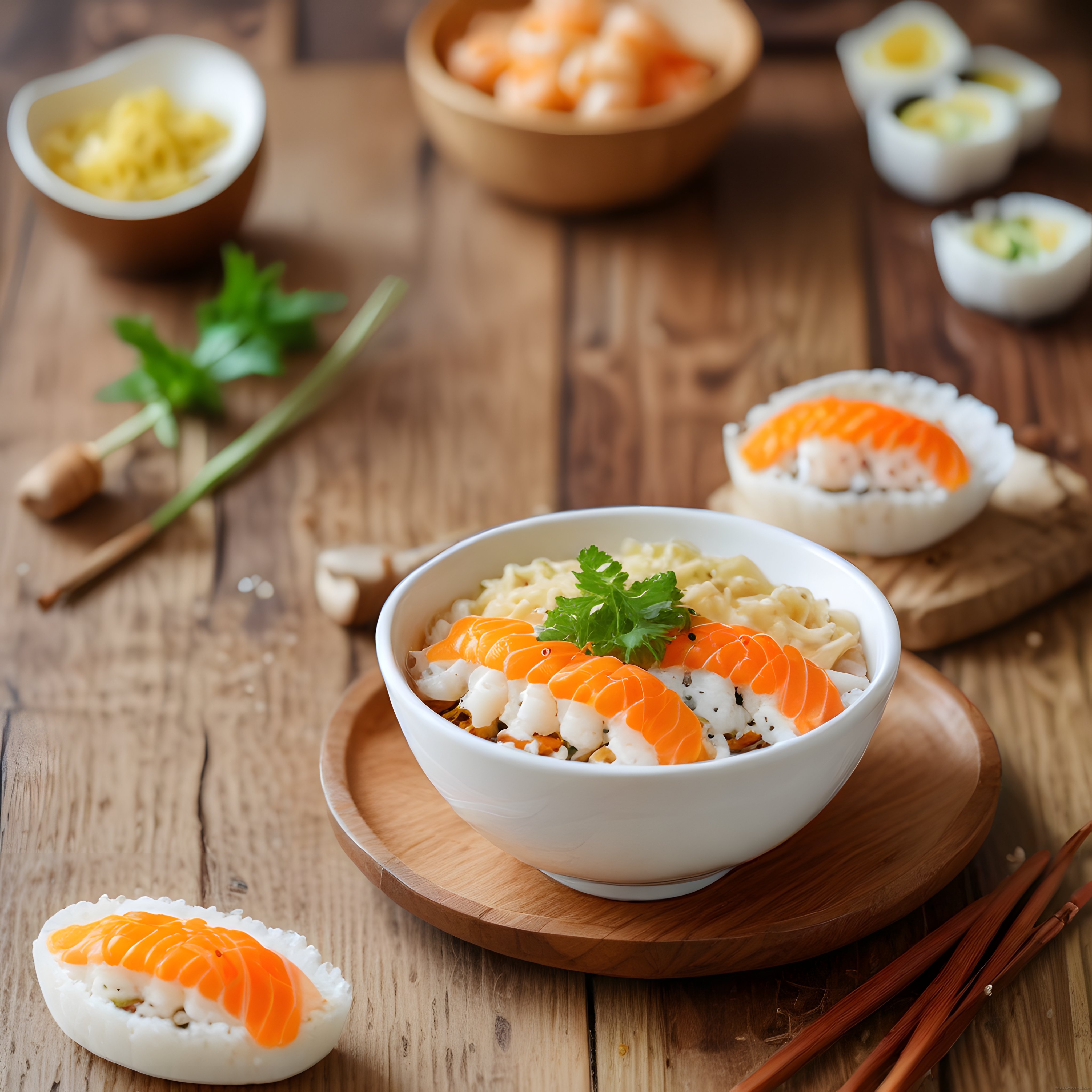 Rustik Ahşap Sunumda Taze Somonlu Poke Kase ve Sushi Çeşitleri