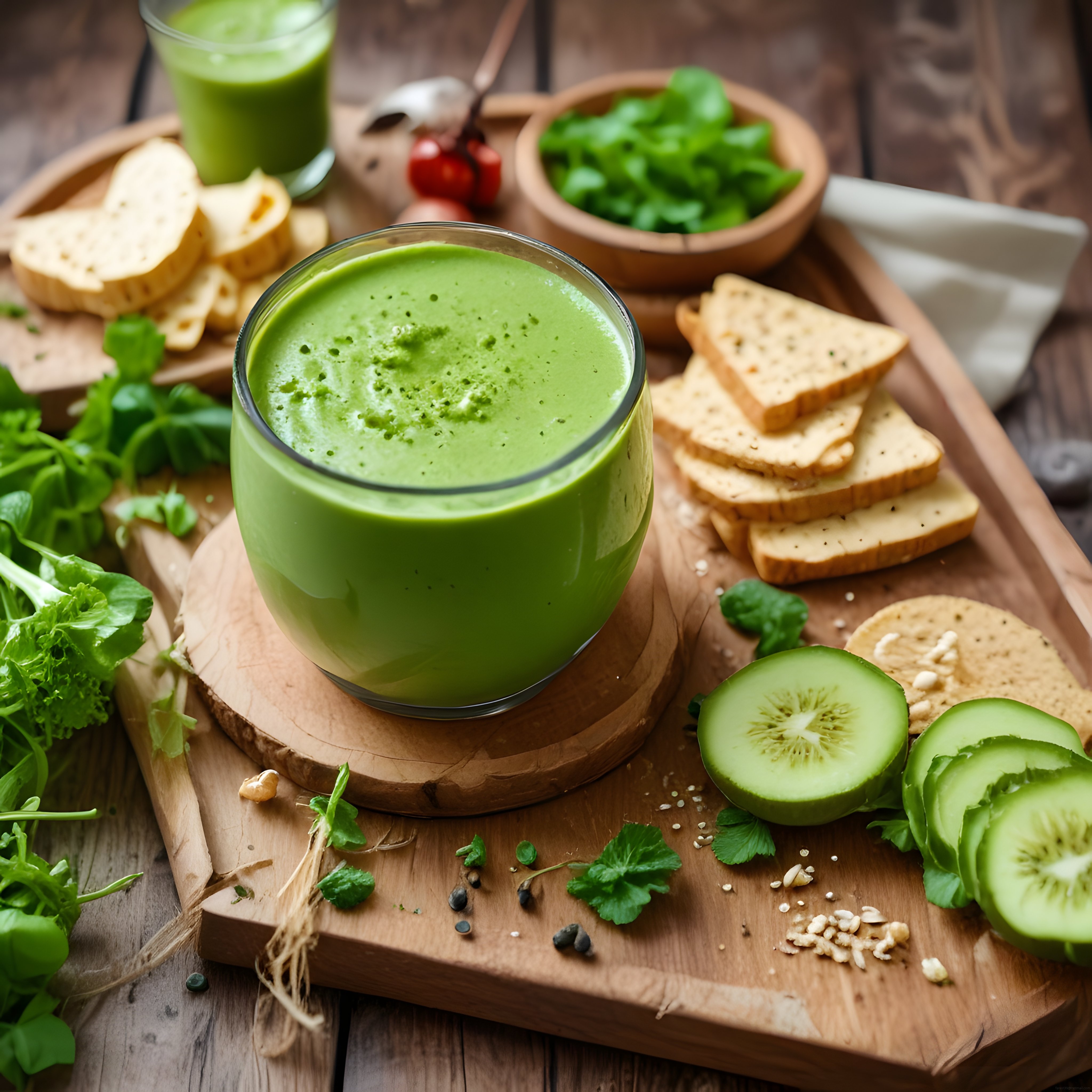Rustik Ahşap Sunumda Taze Yeşil Smoothie ve Sağlıklı Atıştırmalıklar