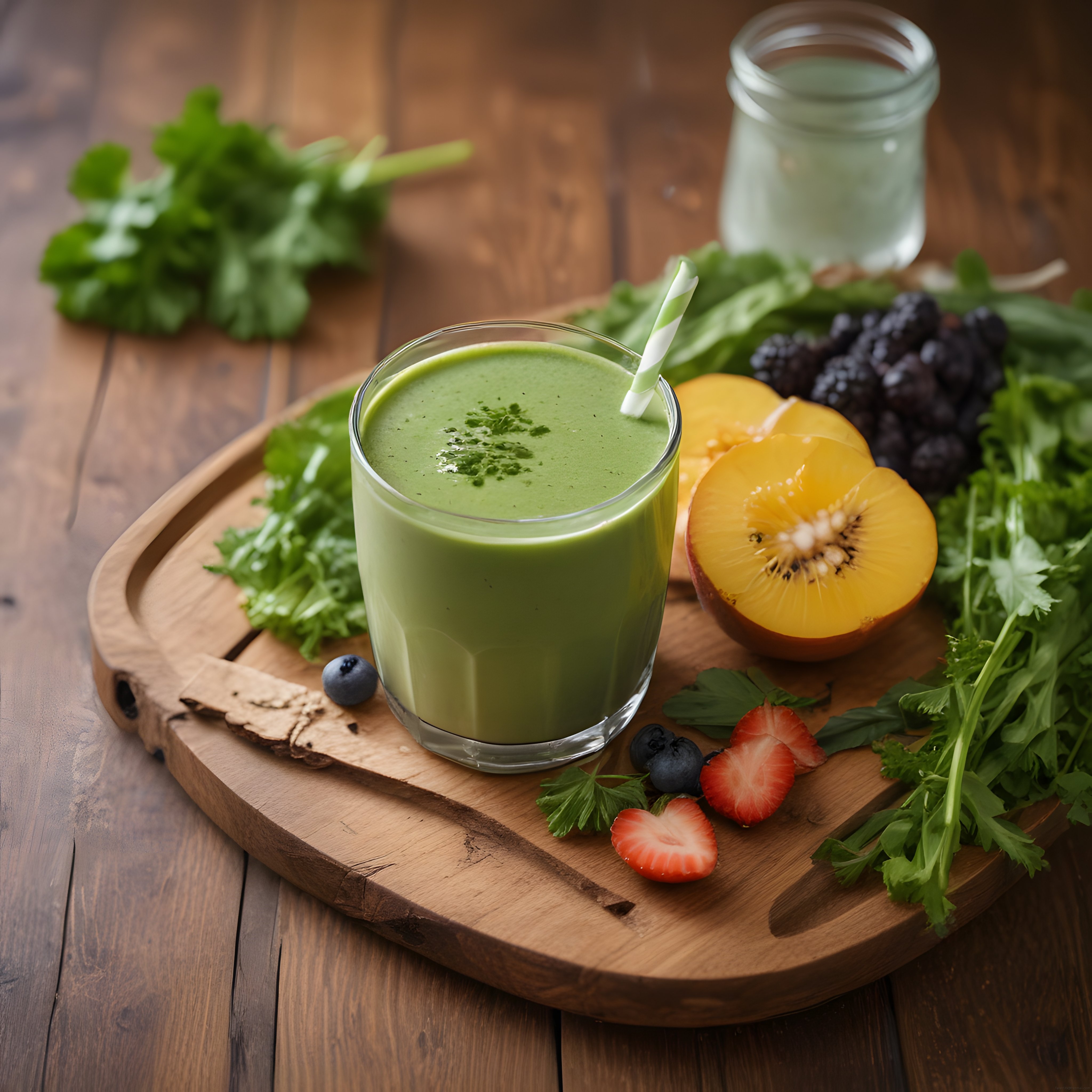 Rustik Ahşap Sunumda Taze Yeşil Smoothie ve Vitaminli Meyveler