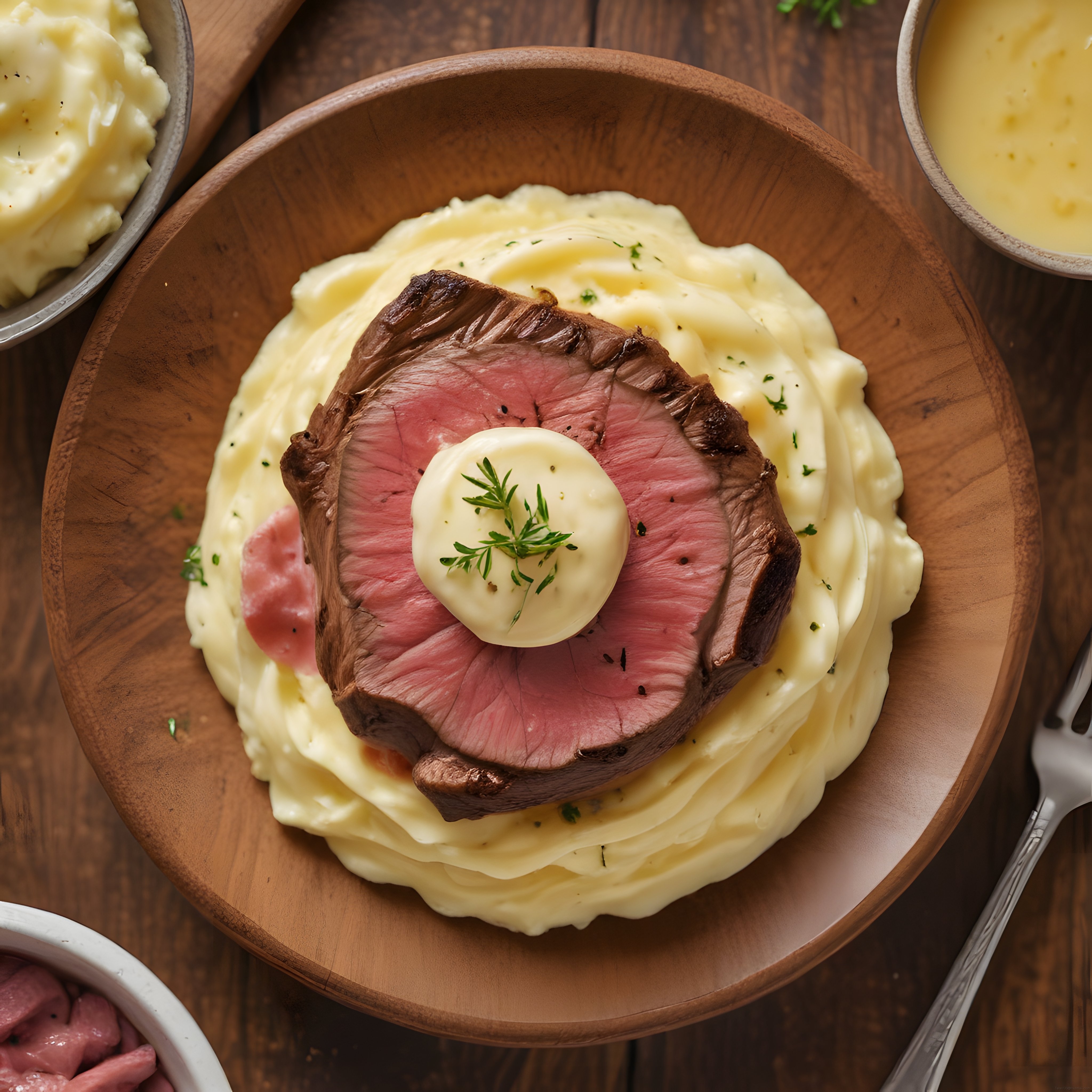 Rustik Ahşap Sunumda Tereyağlı Püre Üzerinde Orta Pişmiş Roast Beef