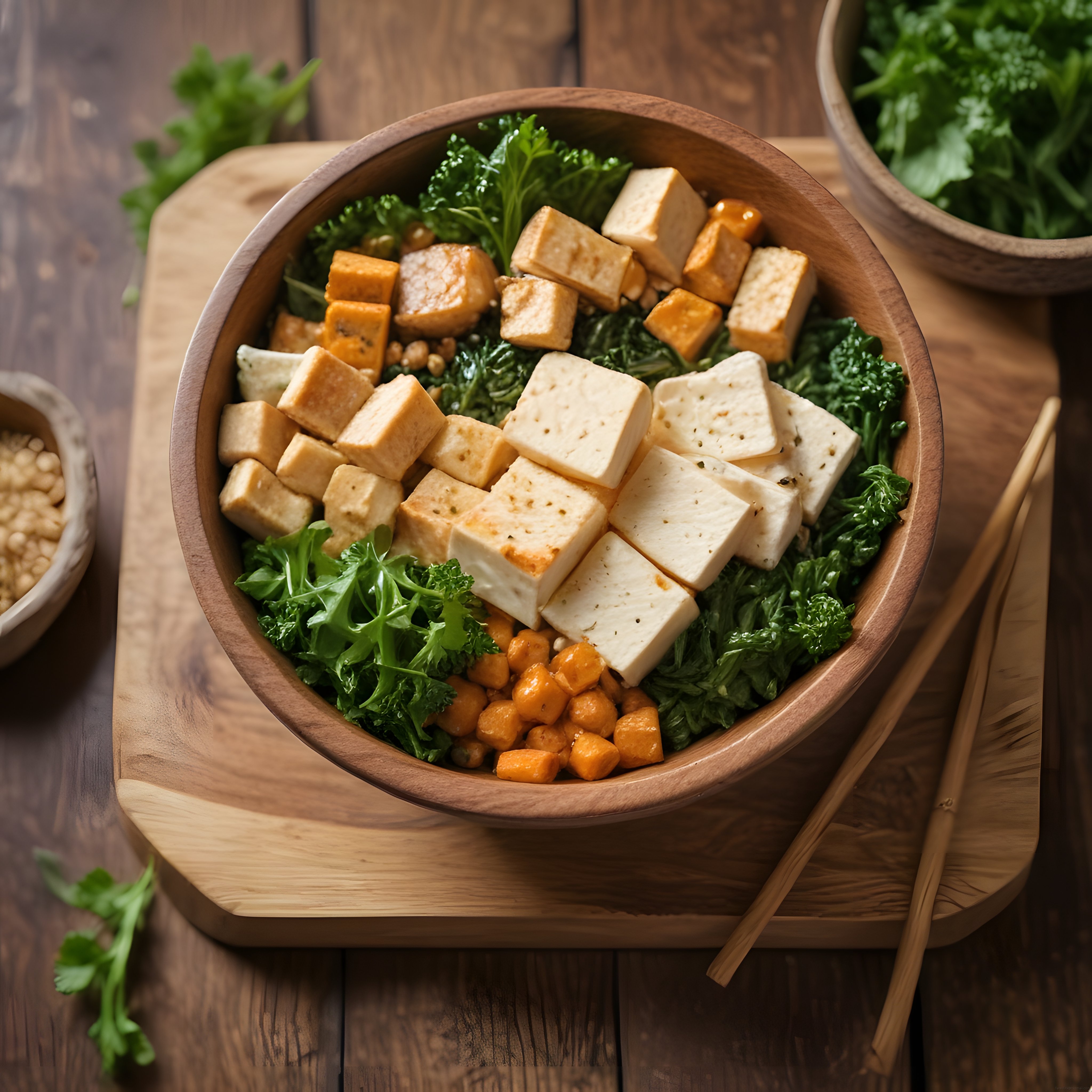 Rustik Ahşap Sunumda Tofulu Yeşil Salata ve Nohutlu Vegan Power Bowl