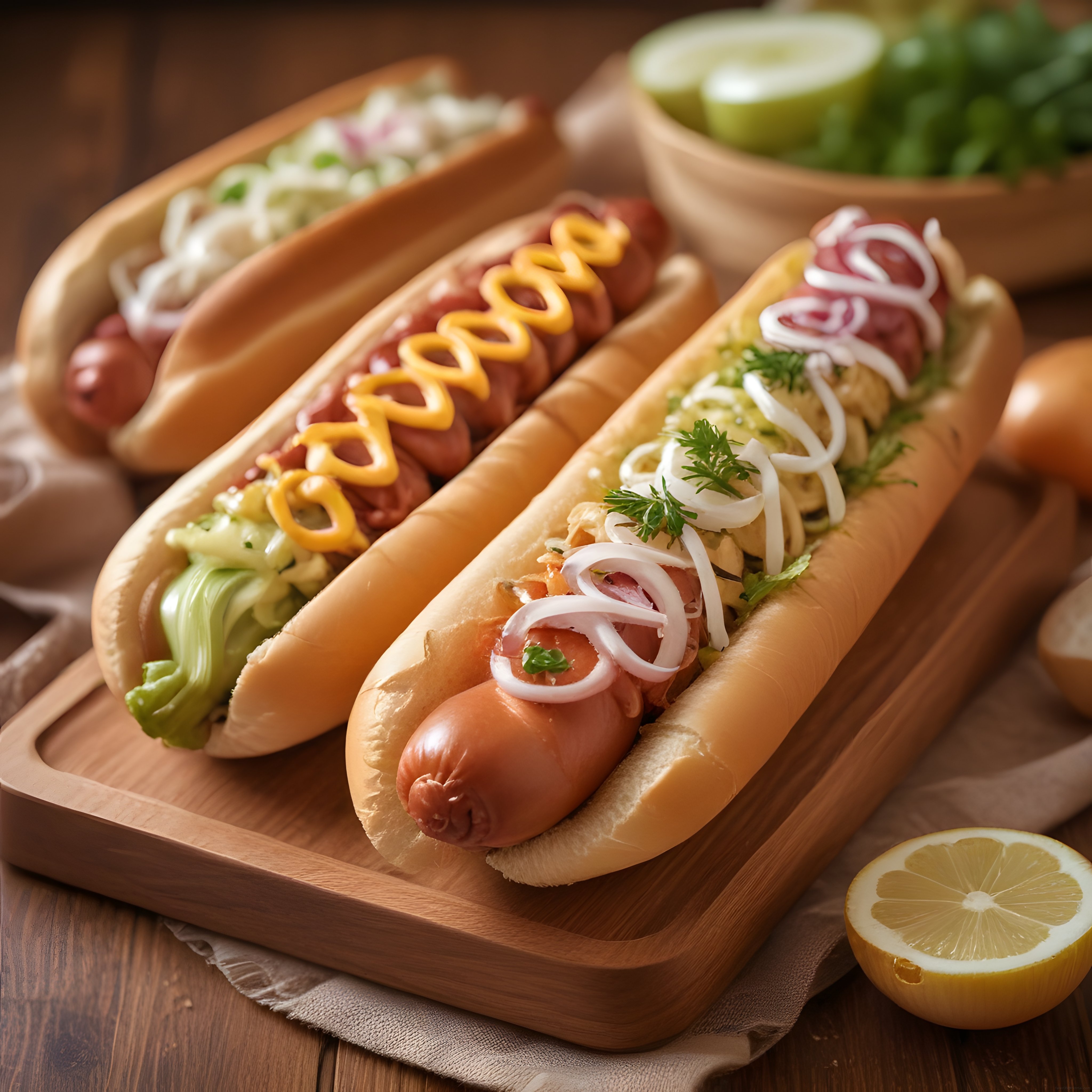 Rustik Ahşap Sunumda Üç Farklı Sos ve Garnitürle Zenginleştirilmiş Hot Dog