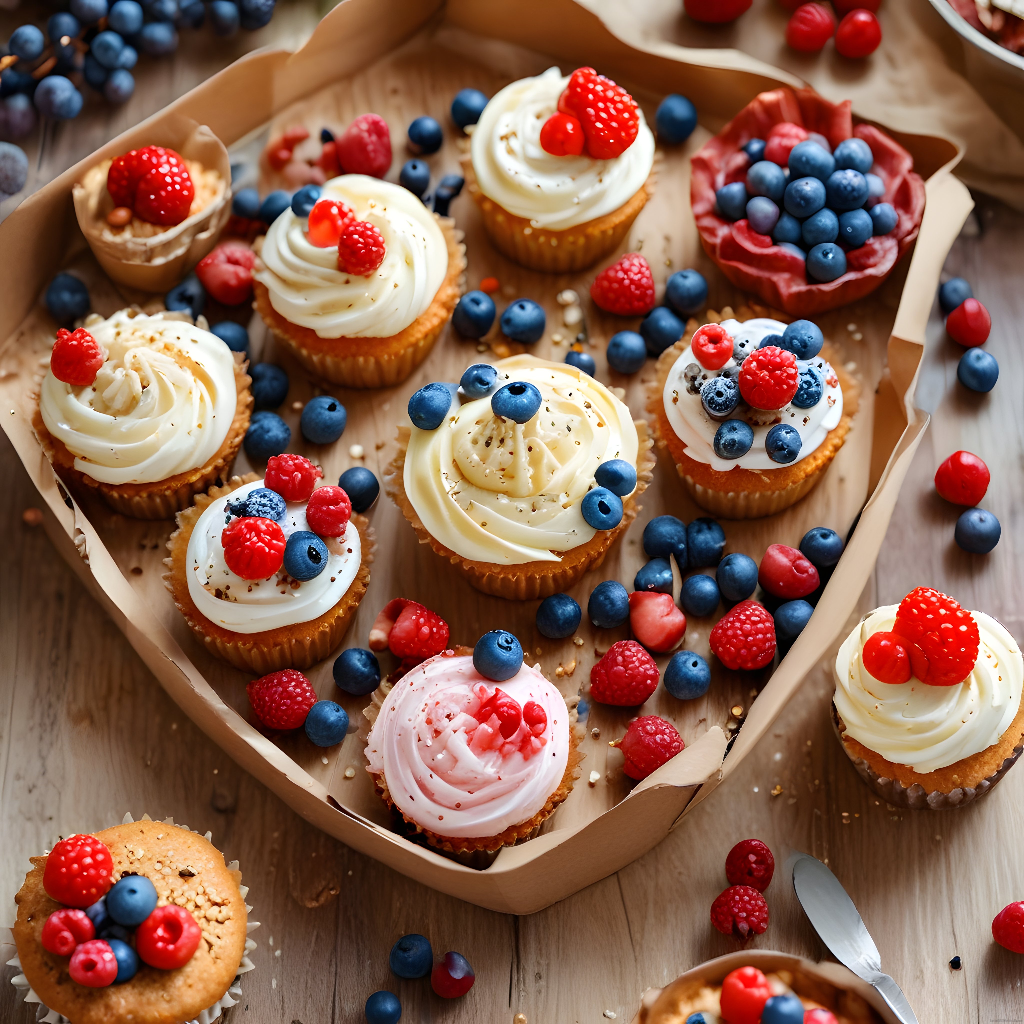 Rustik Ahşap Sunumda Yaban Mersinli ve Krema Dolgulu Cupcake'ler
