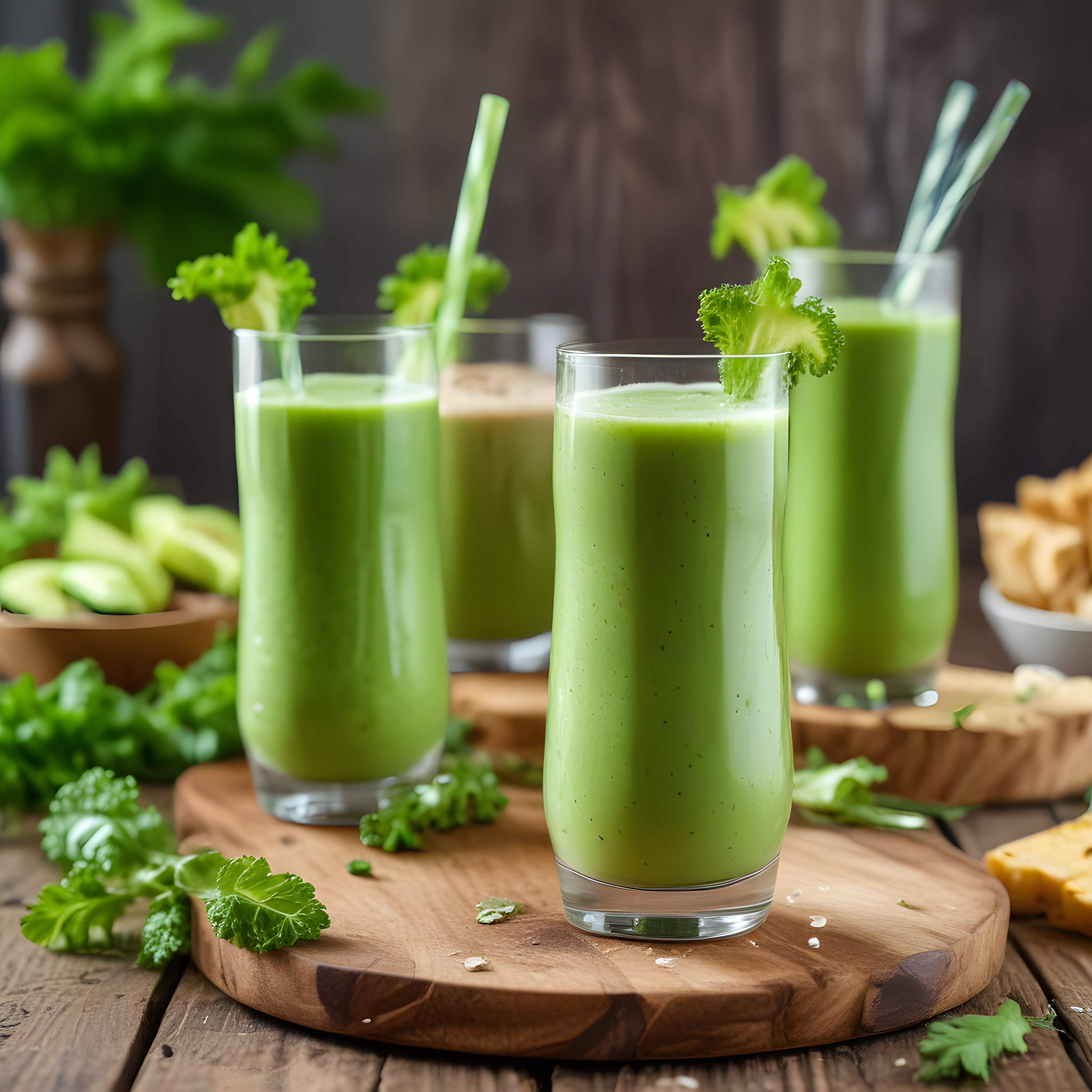 Rustik ahşap sunumda yeşil detoks smoothie ve organik kereviz süslemesi