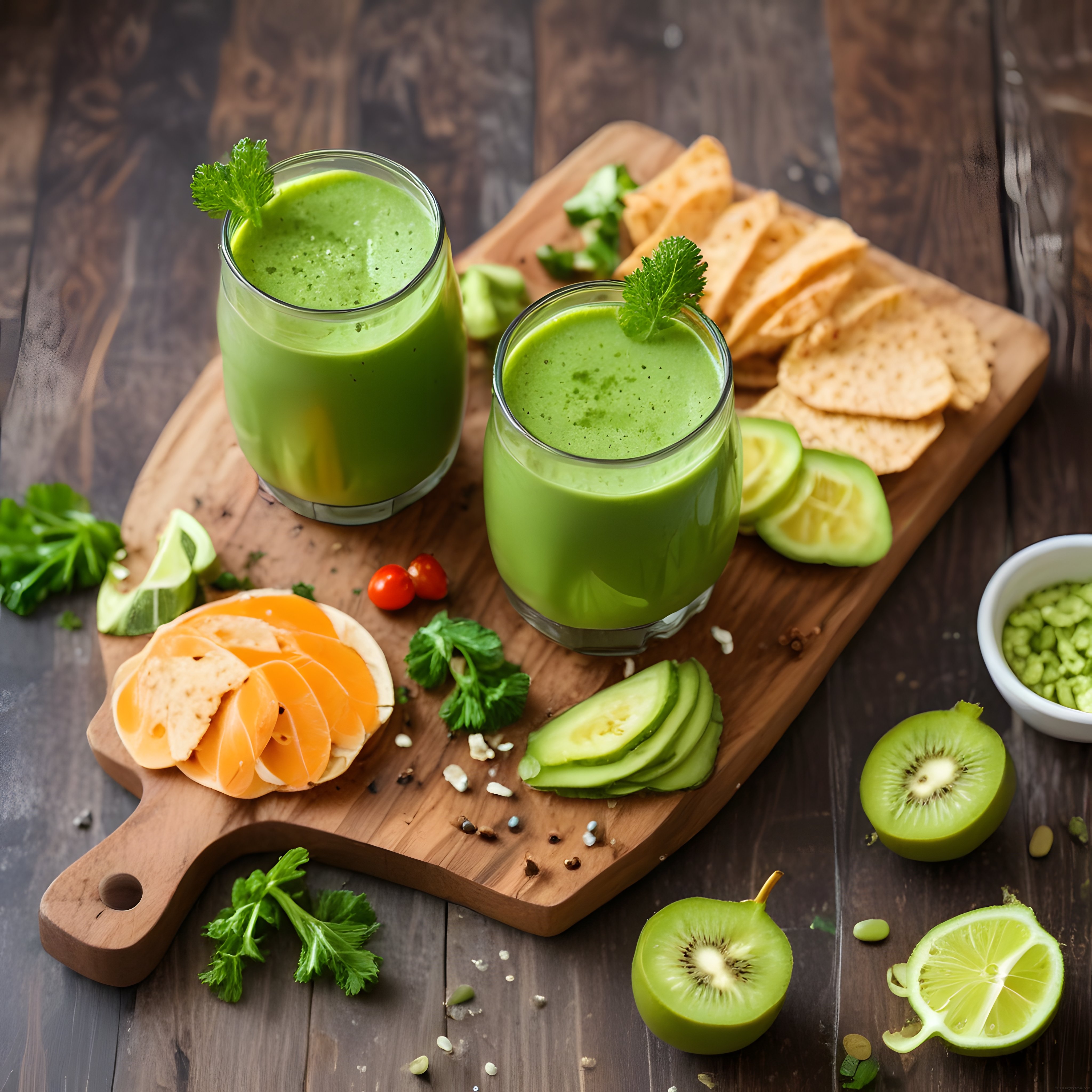 Rustik ahşap sunumda yeşil smoothie salatalık ve kivi atıştırmalıkları