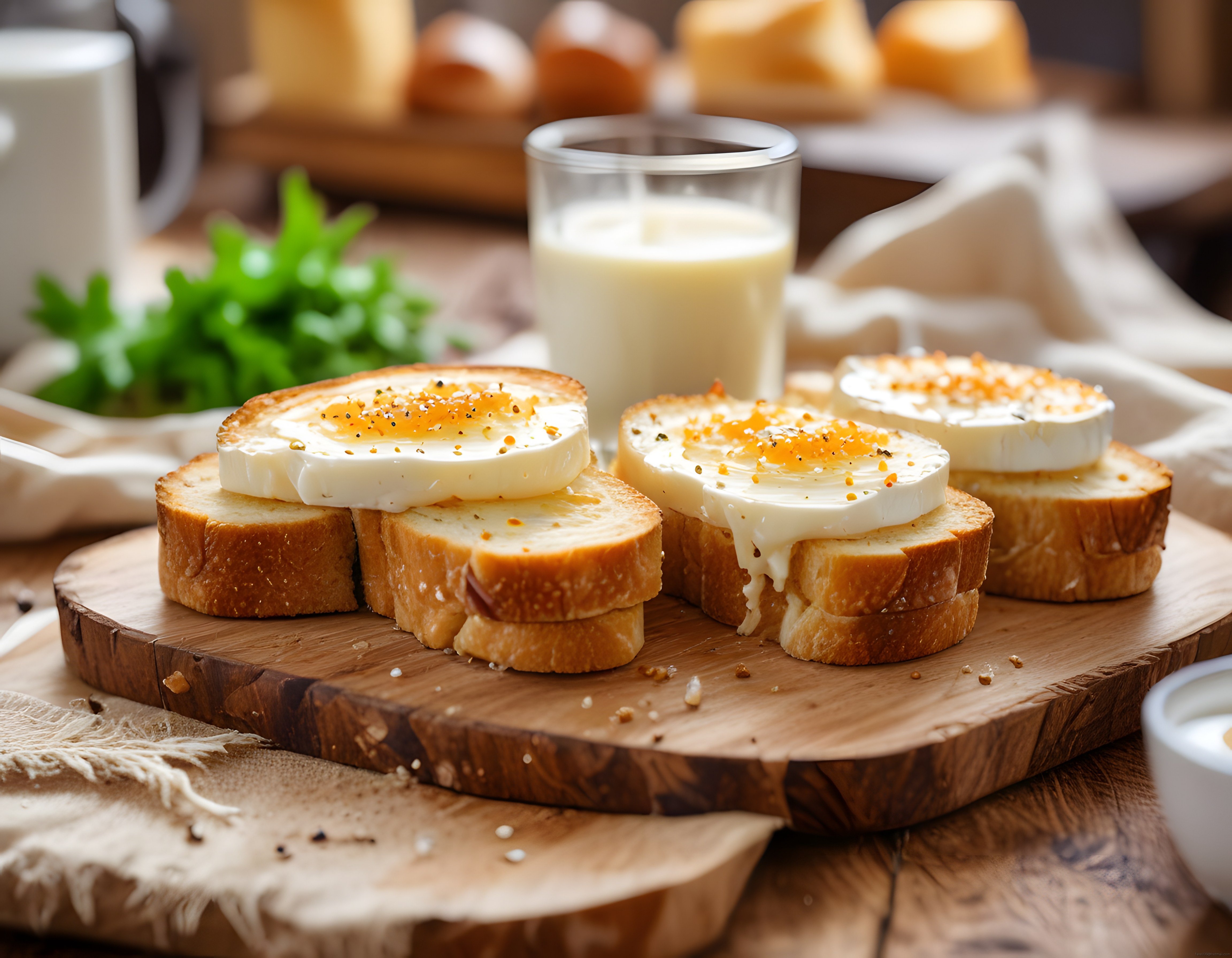 Rustik Ahşap Sunumda Yumurtalı Ekmek Dilimleri ve Süt ile Sıcak Kahvaltı Keyfi