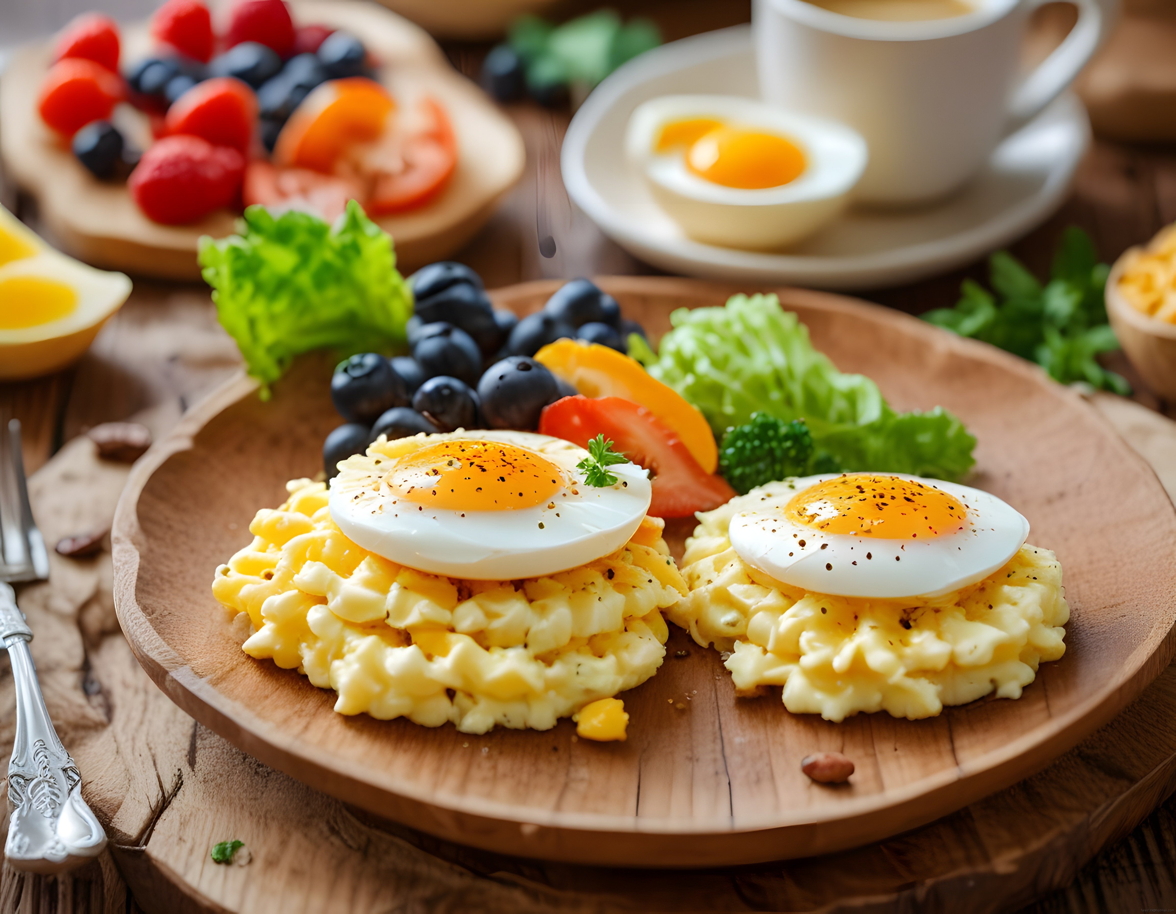 Rustik Ahşap Tabağda Protein Dolu Sağlıklı ve Renkli Kahvaltı Sunumu