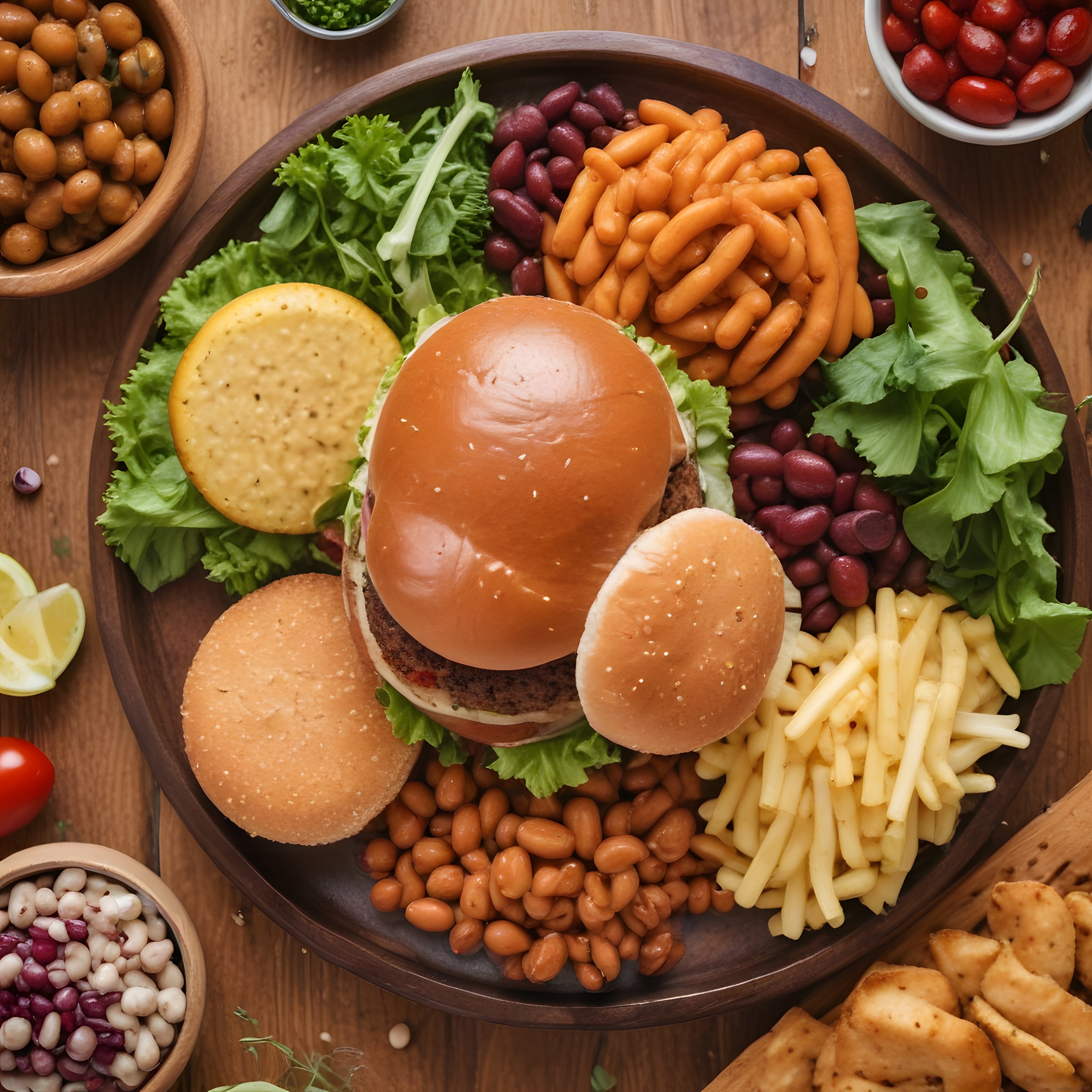 Rustik Ahşap Tabakta Burger, Bakliyat ve Renkli Atıştırmalık Sunumu