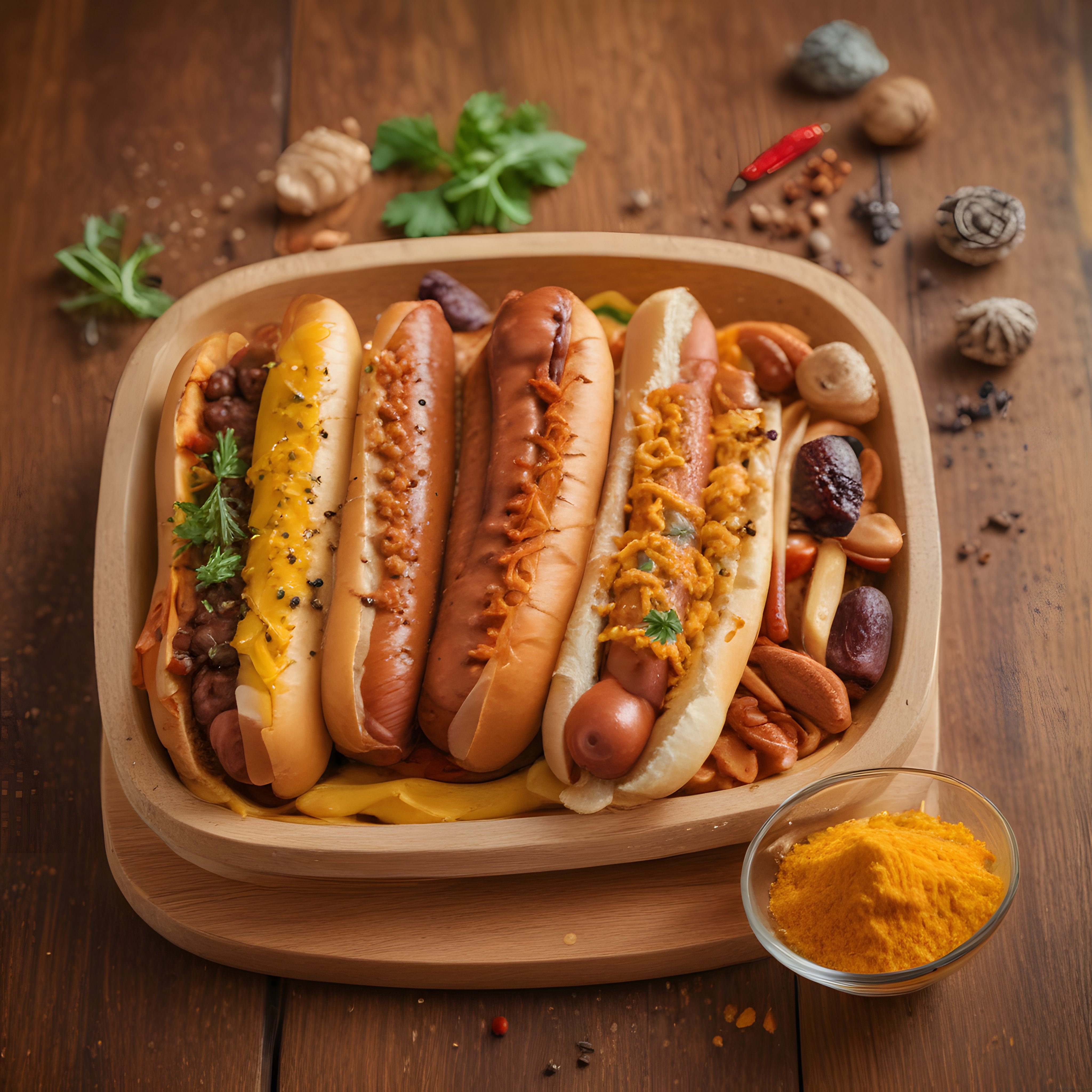 rustik ahşap tabakta farklı soslarla süslenmiş özel hot doglar