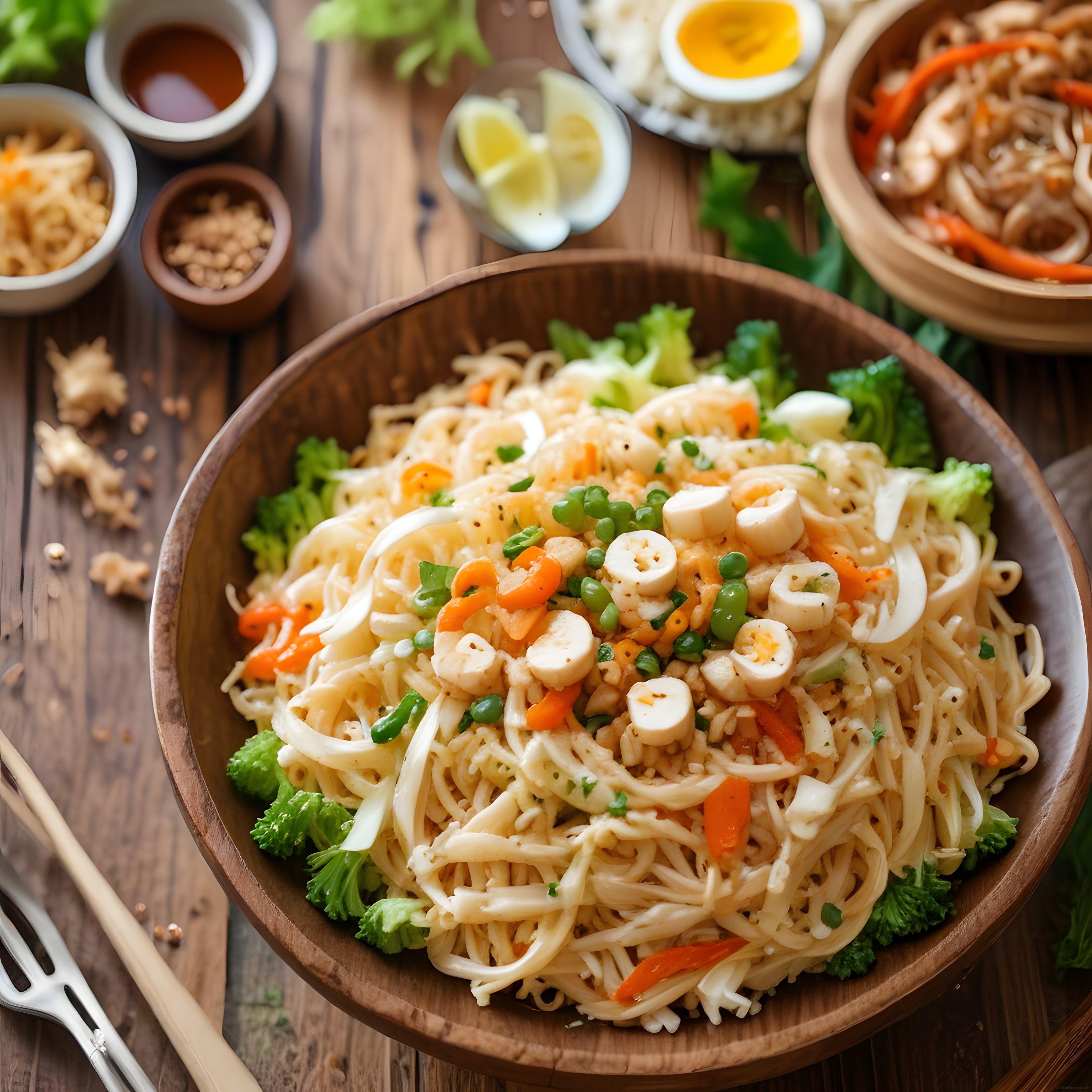 rustik ahşap tabakta sebzeli ve yumurtalı asya usulü erişte salatası