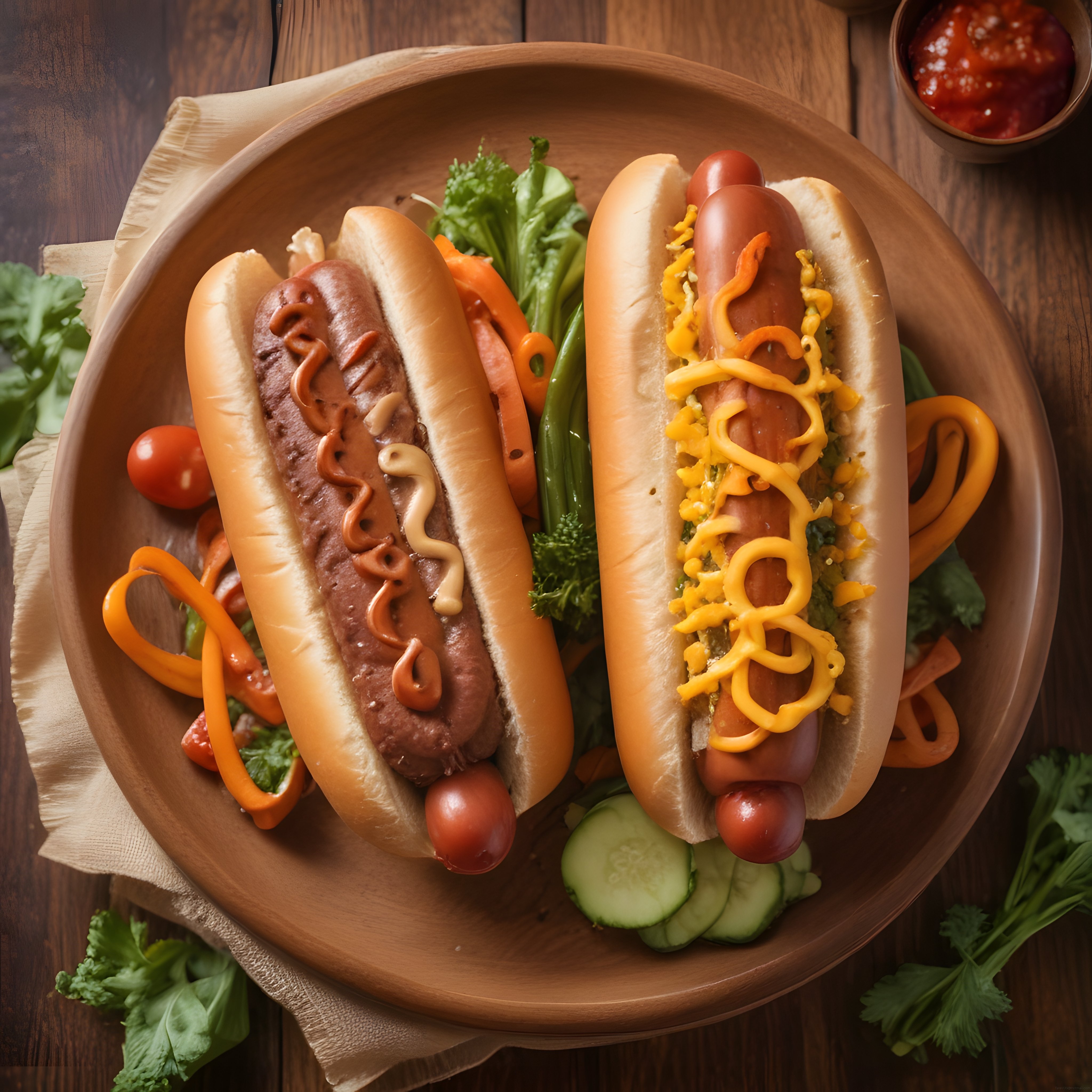 Rustik Ahşap Tabakta Soslu ve Sebzeli İki Adet Leziz Hot Dog Sunumu