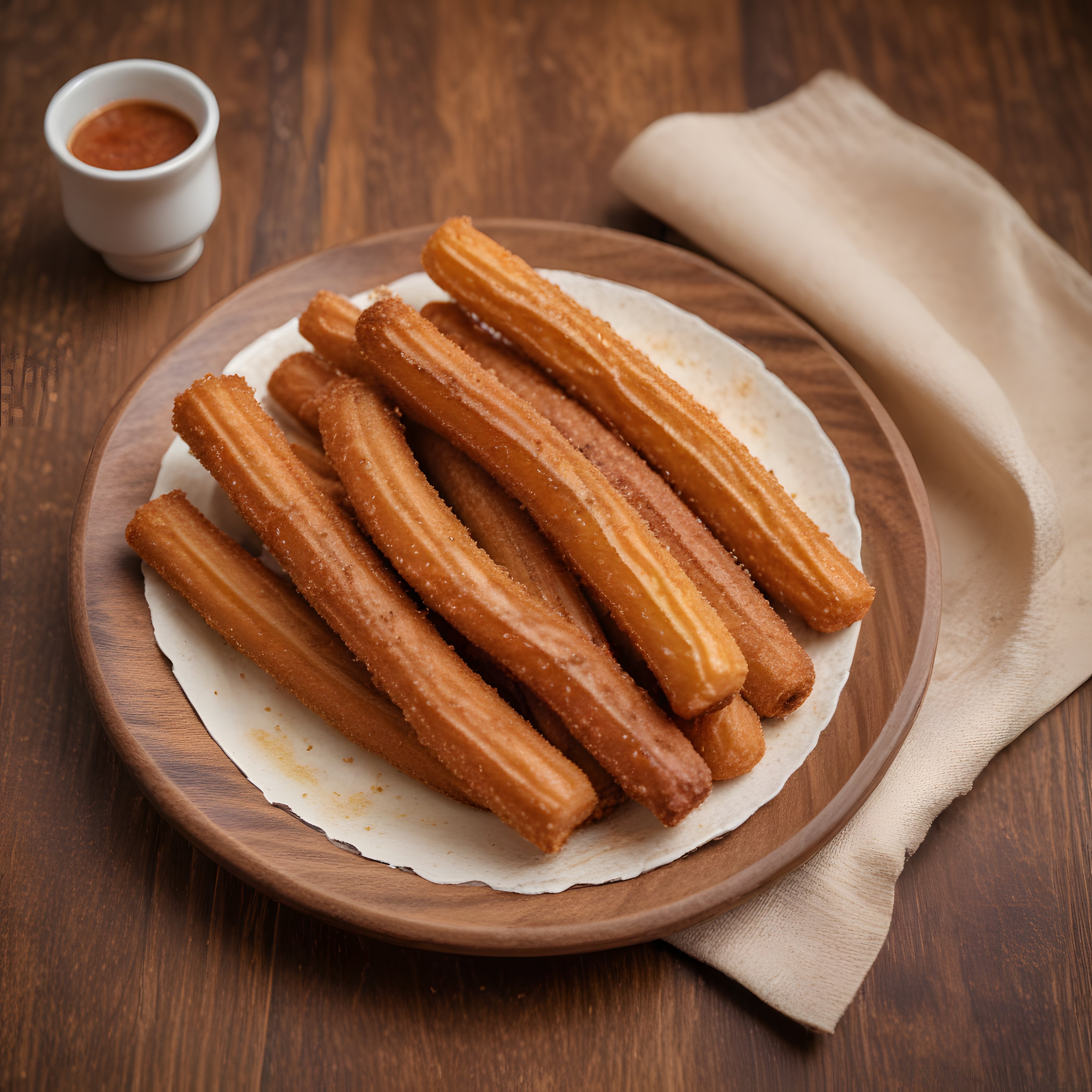 Rustik Ahşap Tabakta Tarçın Şekerli Churros ve Çikolata Sosu Sunumu