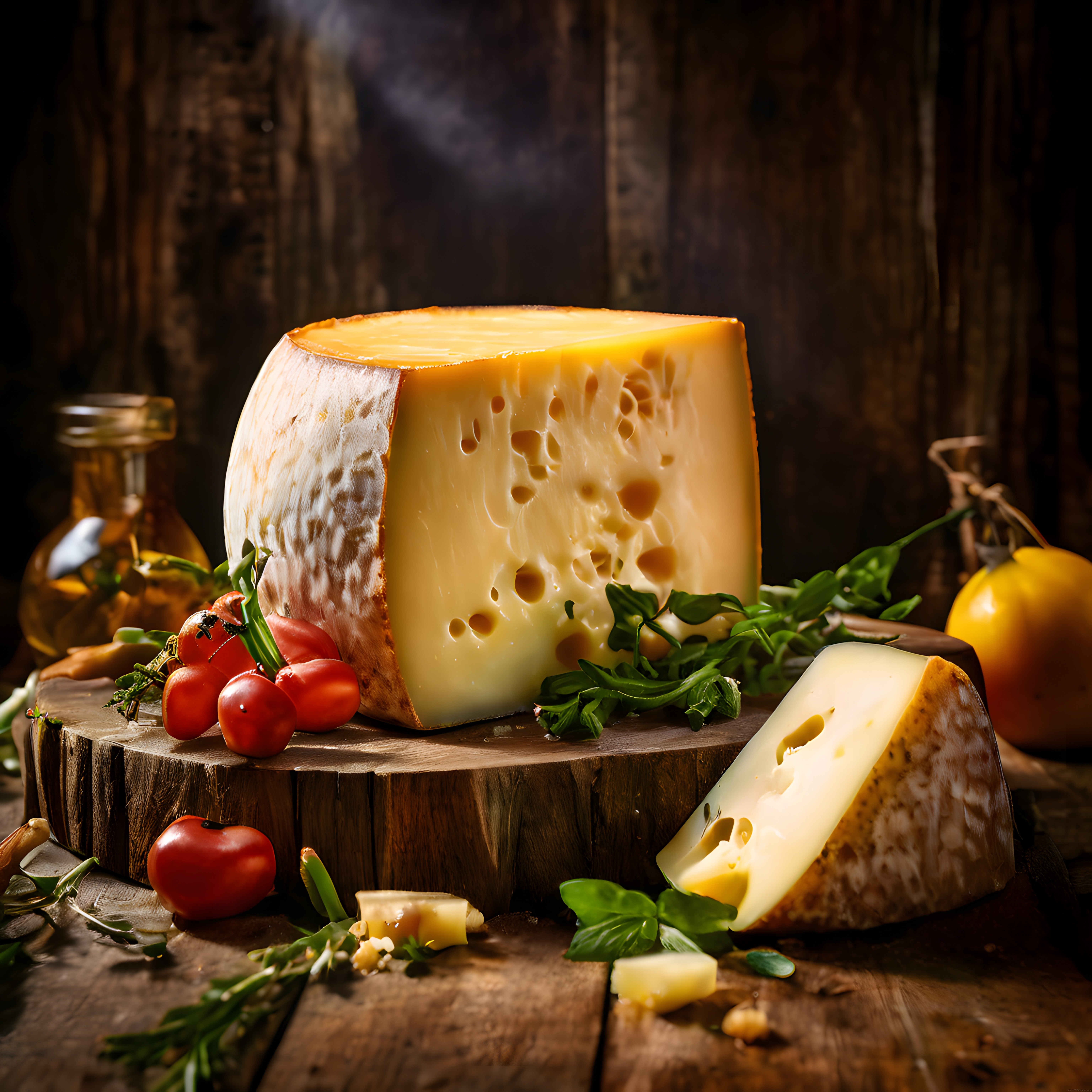 Rustik Ahşap Tablada Delikli Emmental Peyniri ve Taze Sebzeler