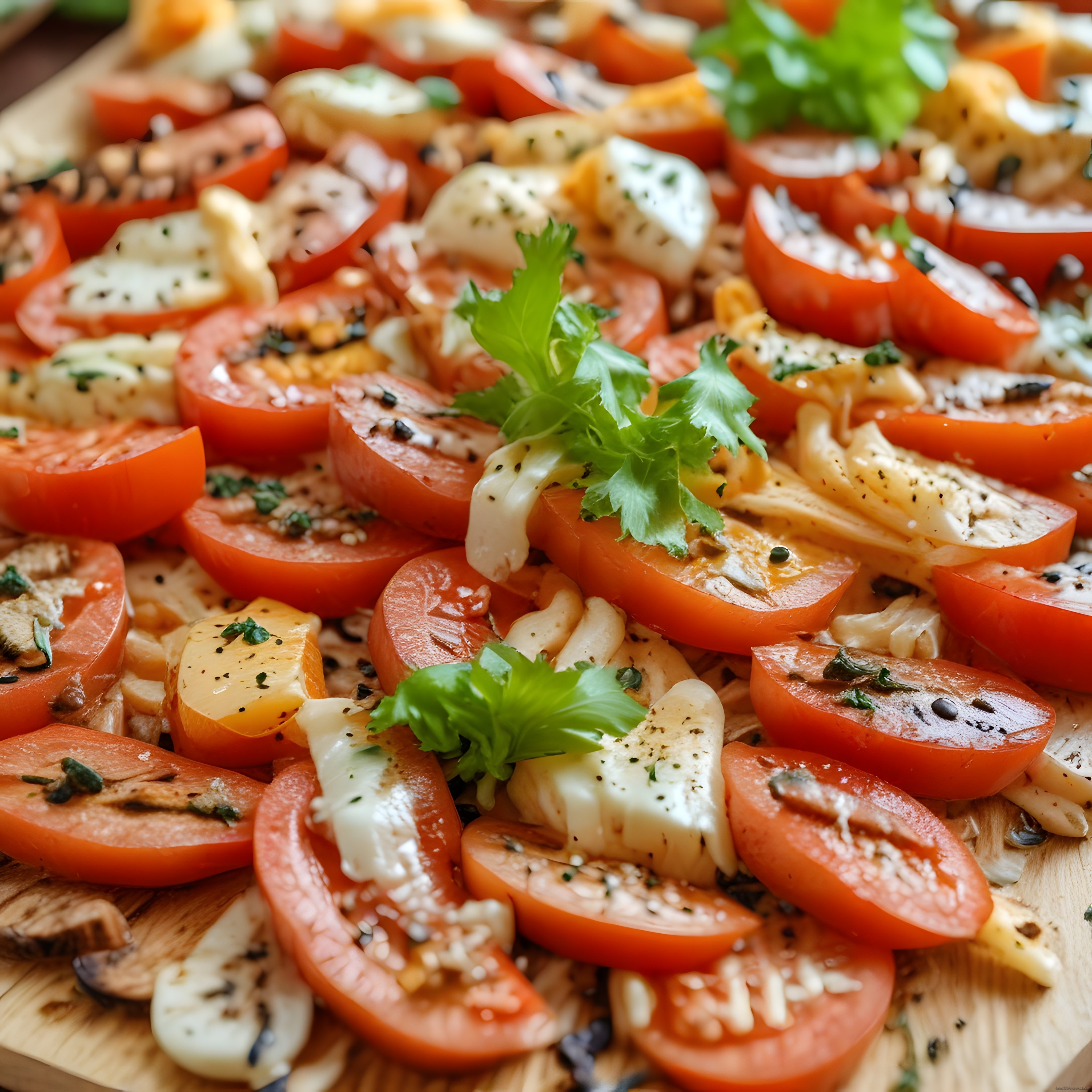Rustik Ahşap Tablada Taze Domates Dilimleri ve Beyaz Peynir Salatası