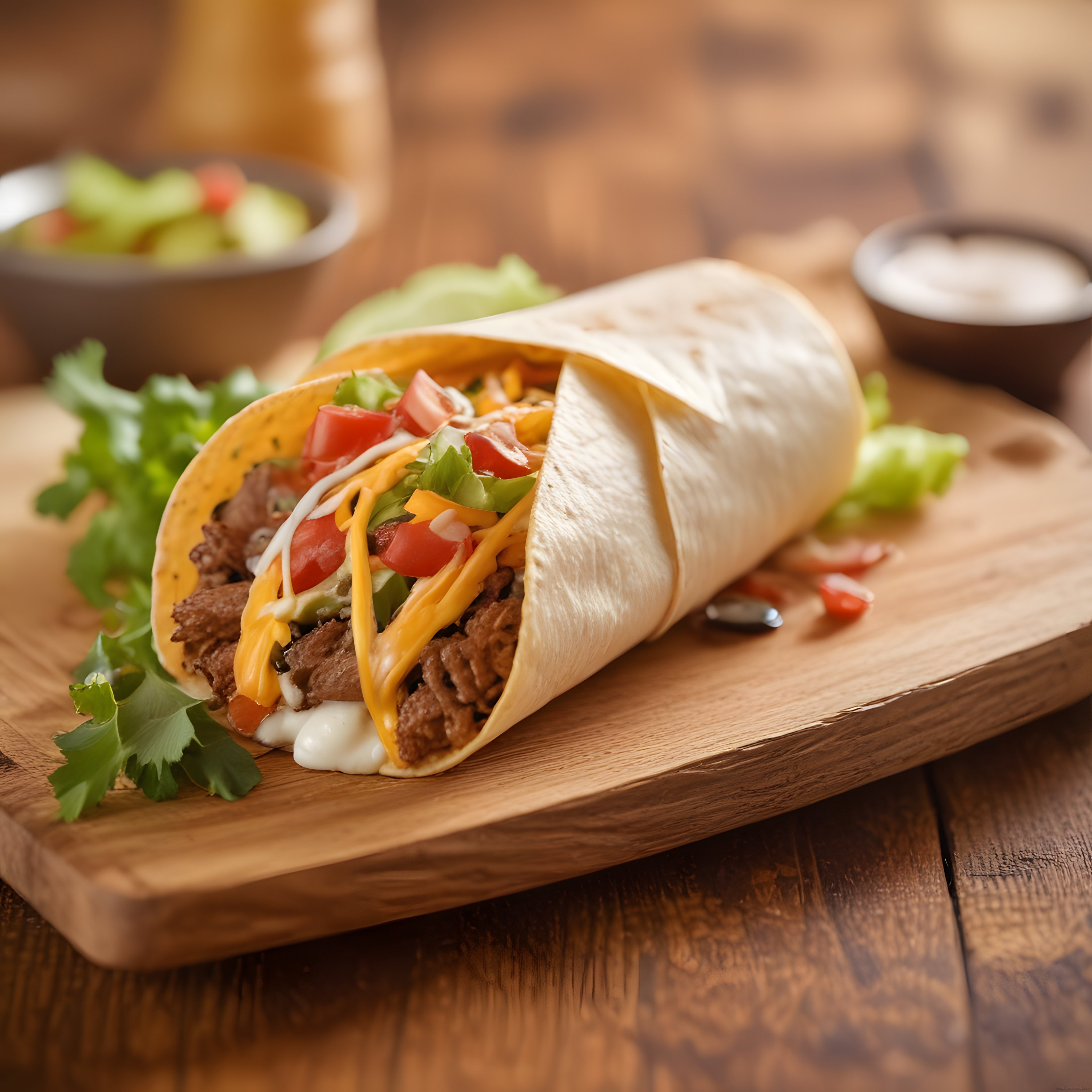 Rustik Ahşap Tahta Üzerinde Sunulan Lezzetli Etli Burrito ve Taze Malzemeler