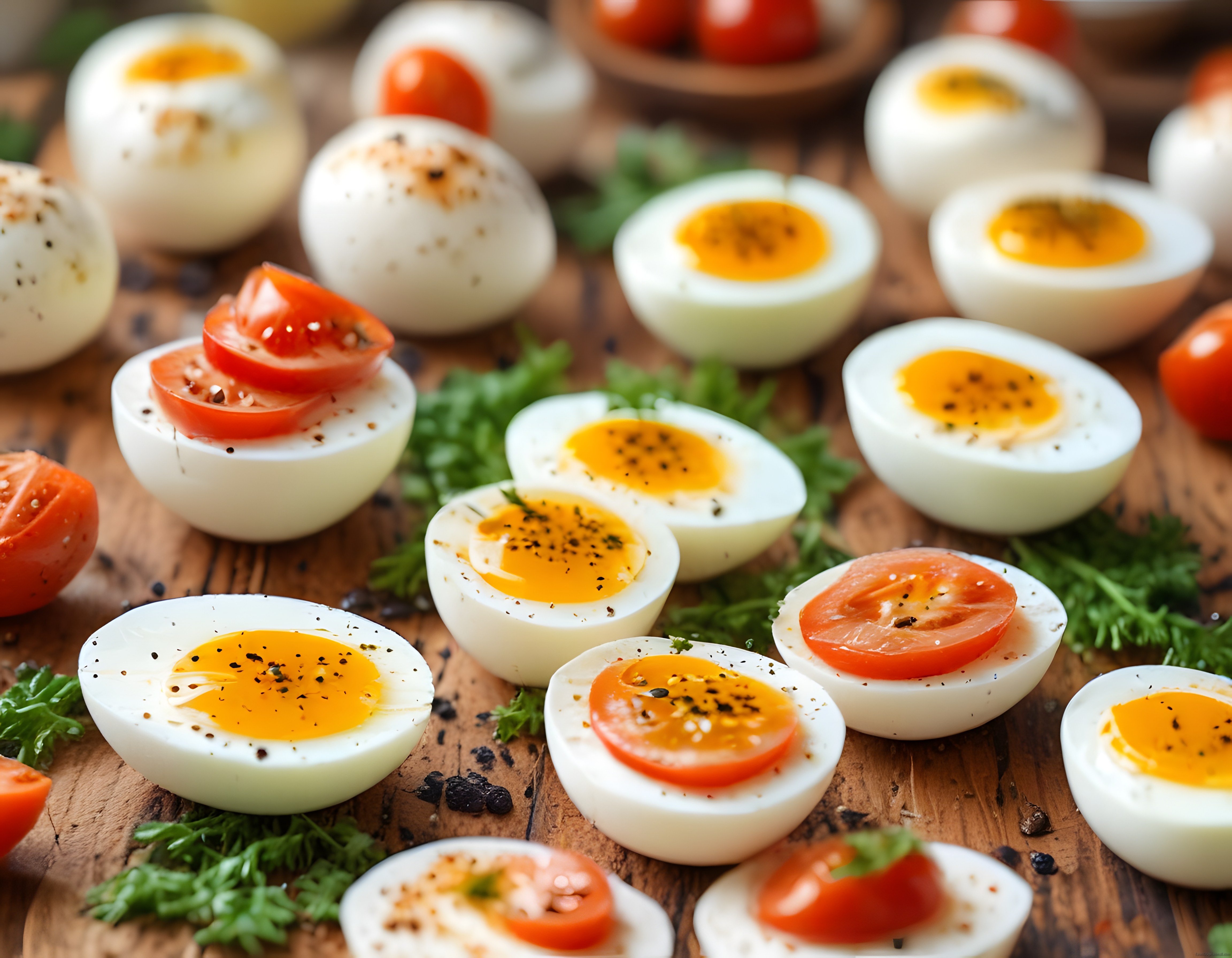 Rustik Ahşap Tahtada Baharatlı Haşlanmış Yumurta ve Domates Sunumu