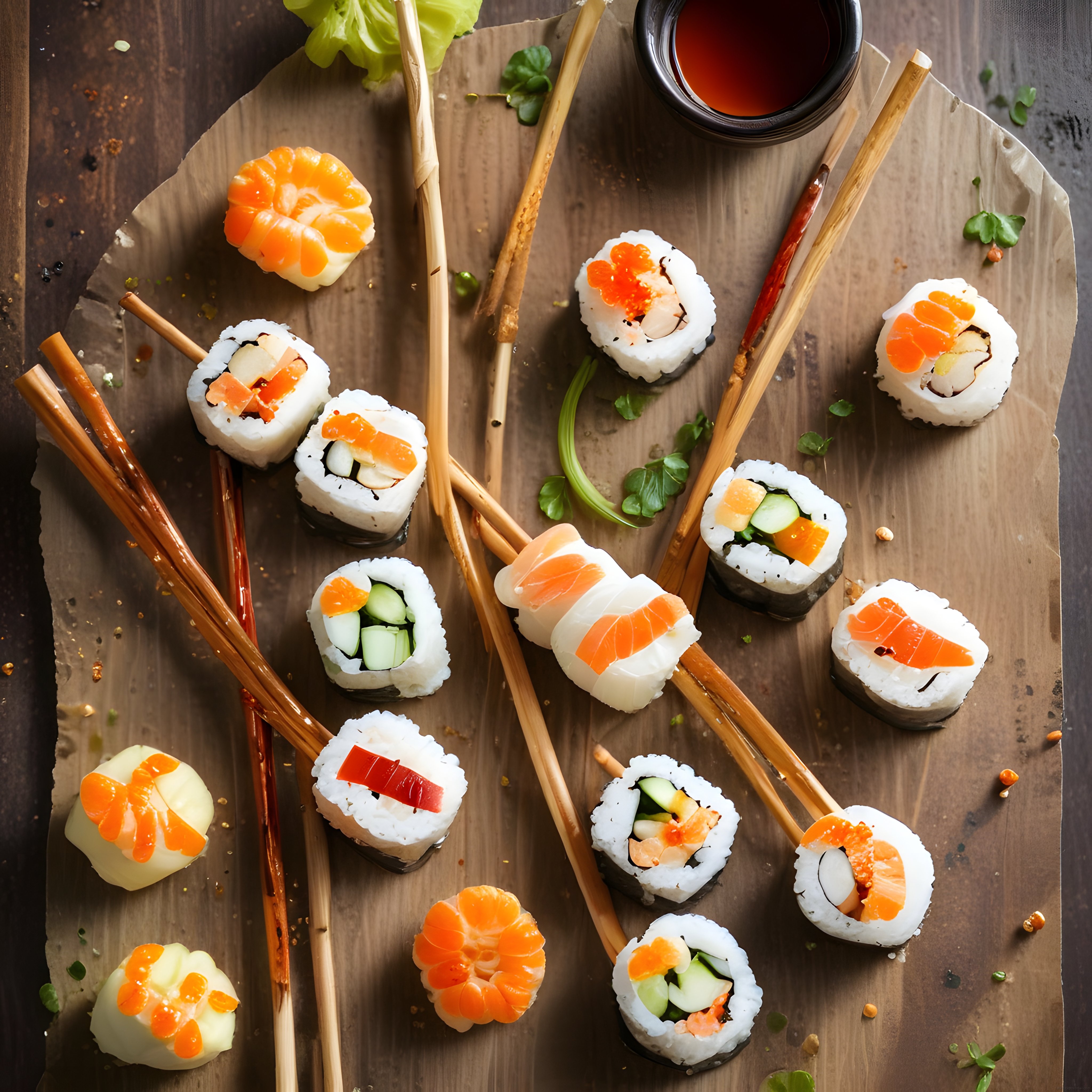 Rustik Ahşap Tahtada Çeşitli Sushi Ruloları ve Soya Sosu İle Japon Keyfi