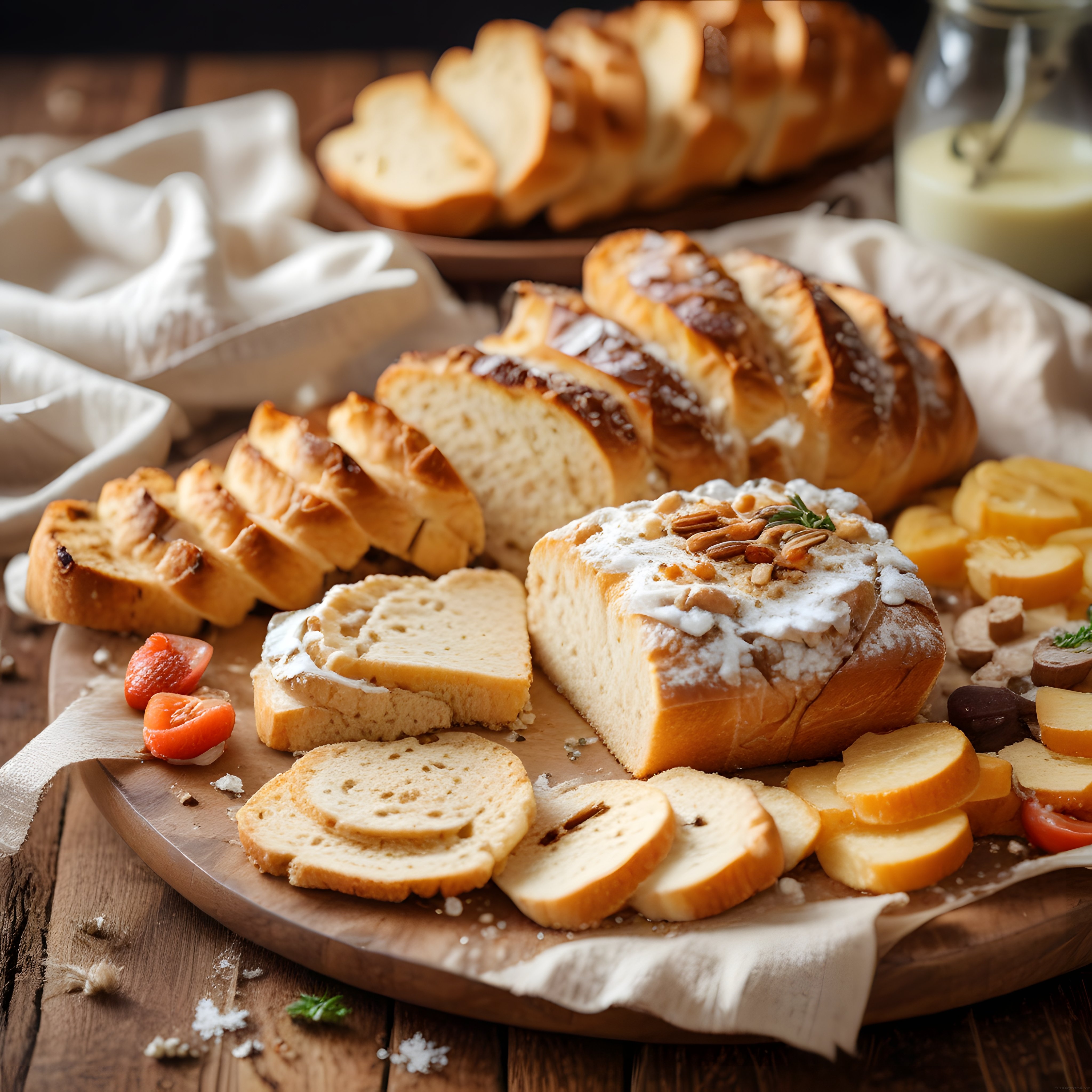 Rustik Ahşap Tahtada Ev Yapımı Ekmek Peynir ve Zeytin ile Kahvaltı Sunumu