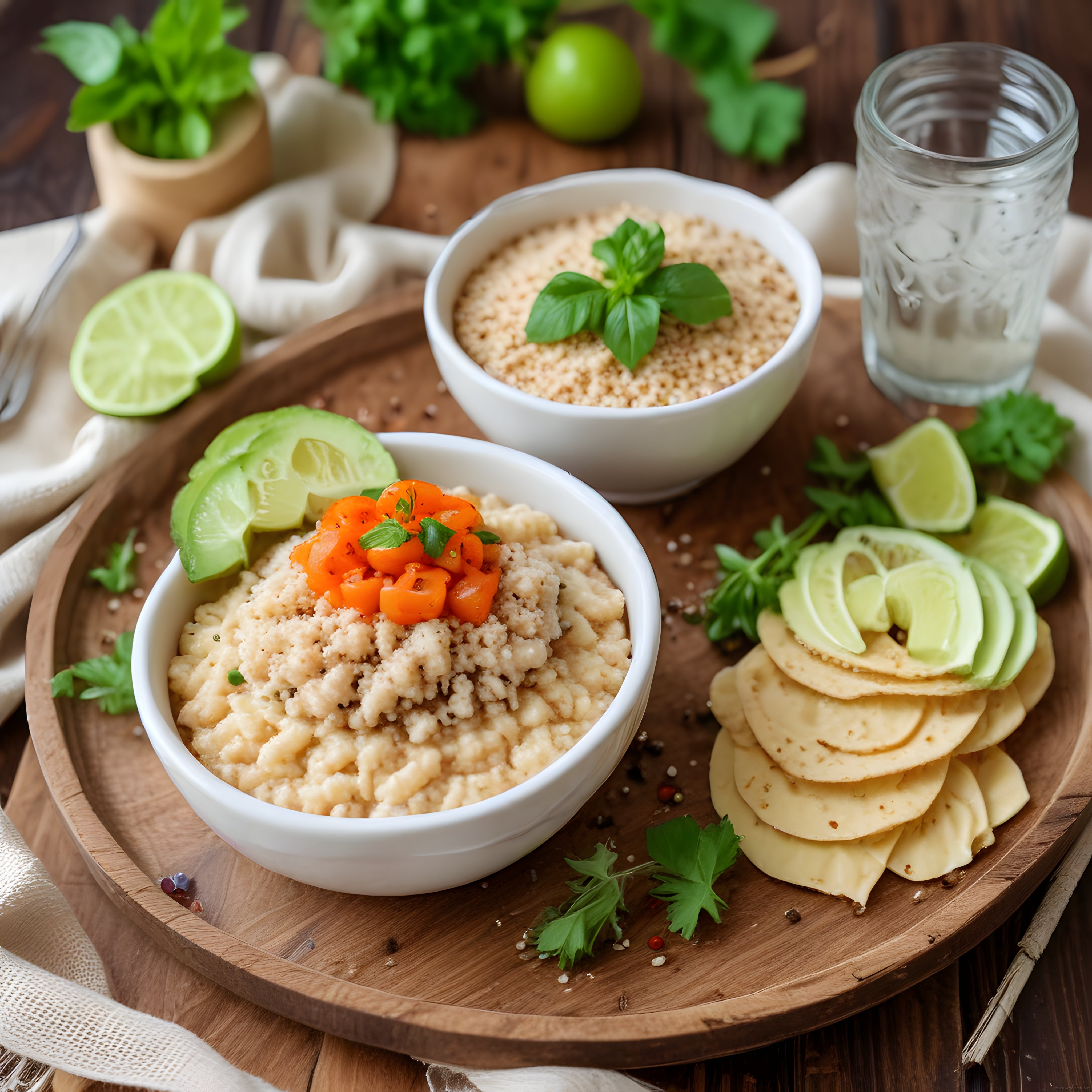 Rustik Ahşap Tahtada Humus, Kuskus ve Taze Otlu Sağlıklı Meze Sunumu