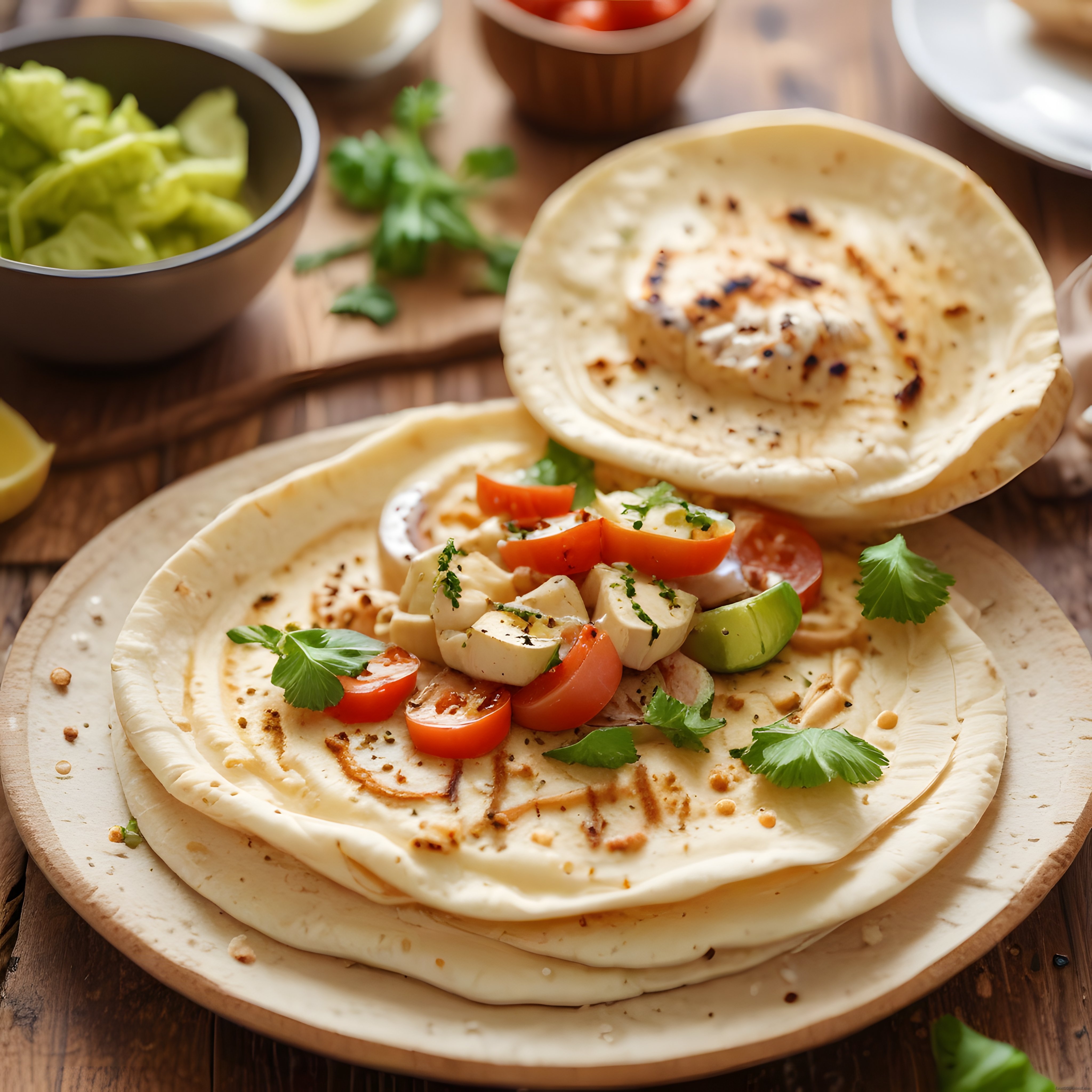 Rustik ahşap tahtada ızgara peynirli ve taze sebzeli tortilla sunumu