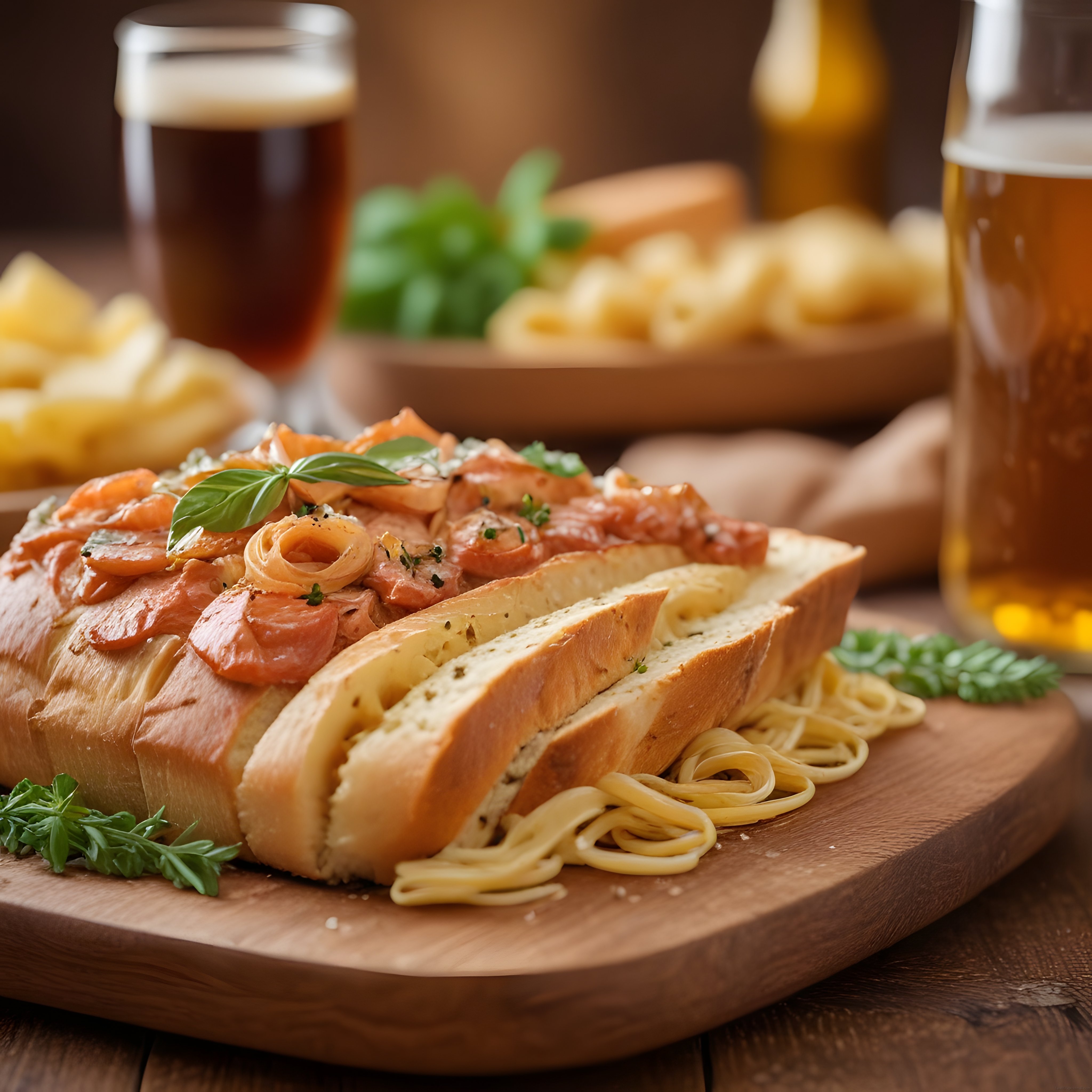 Rustik Ahşap Tahtada Somonlu Makarnalı Ekmek ve Bira ile Lezzet Dolu Sunum
