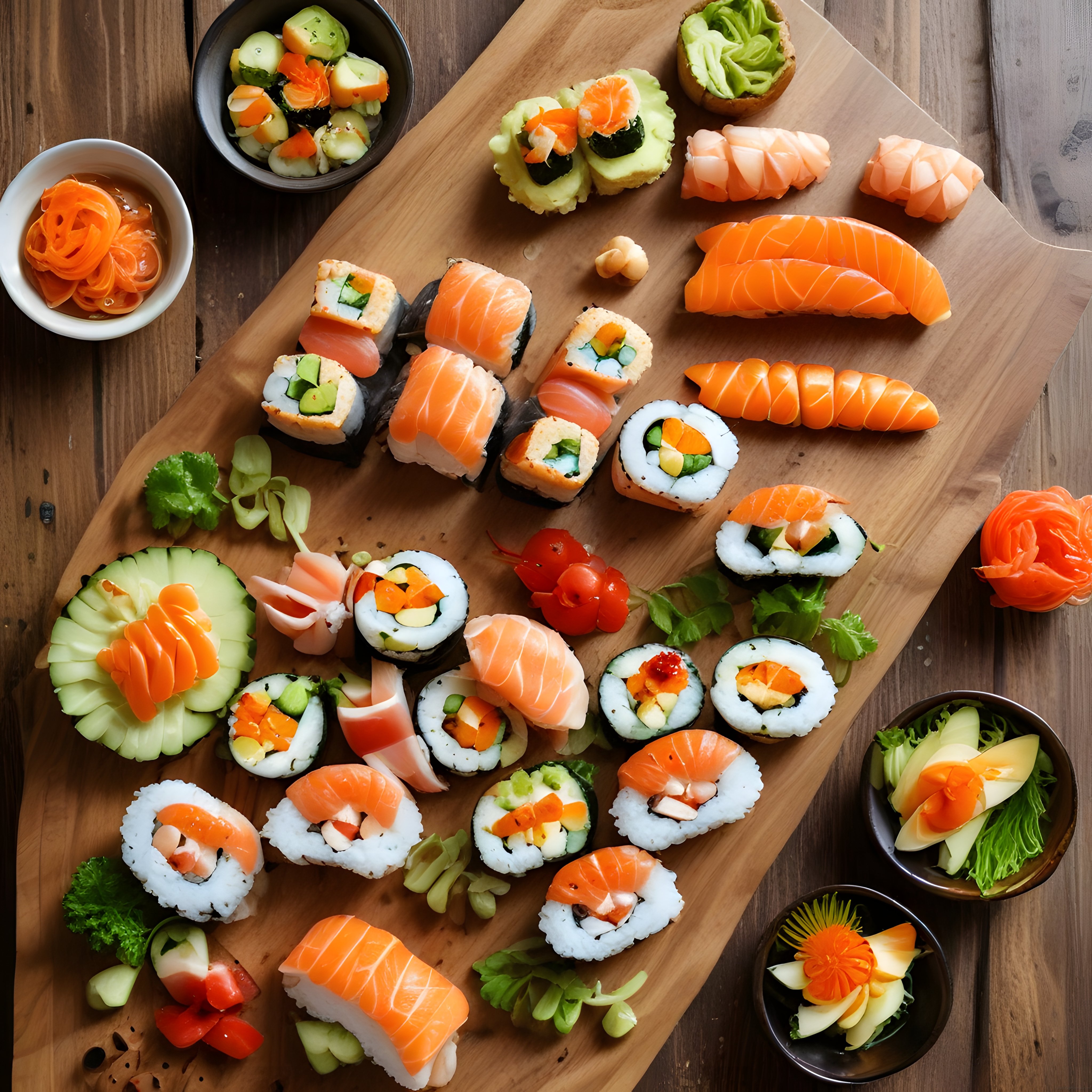 Rustik Ahşap Tepede Özenle Hazırlanmış Çeşitli Somonlu Sushi Sunumu