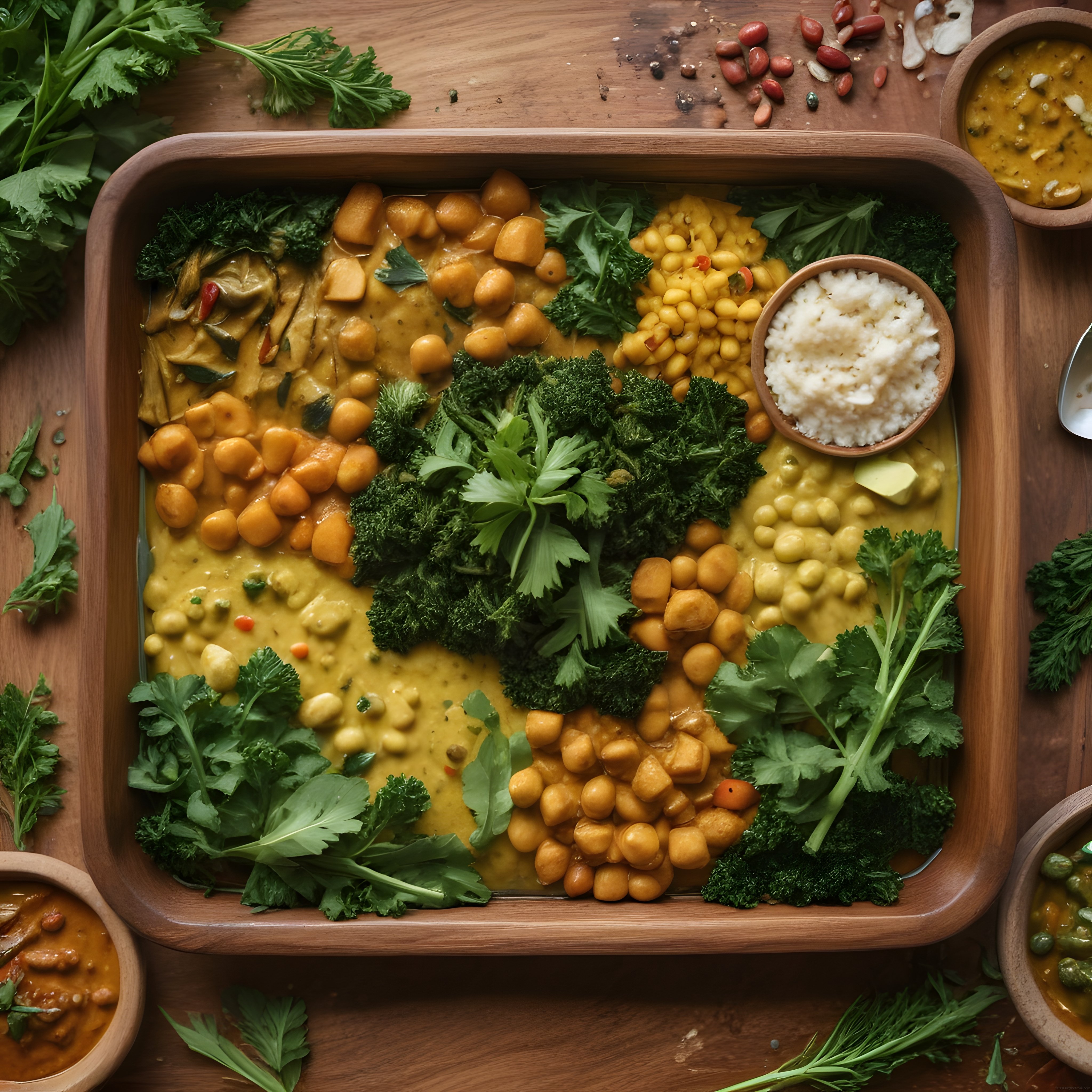 Rustik Ahşap Tepsi Sunumunda Vegan Nohut Köri, Mercimek ve Basmati Pilavı