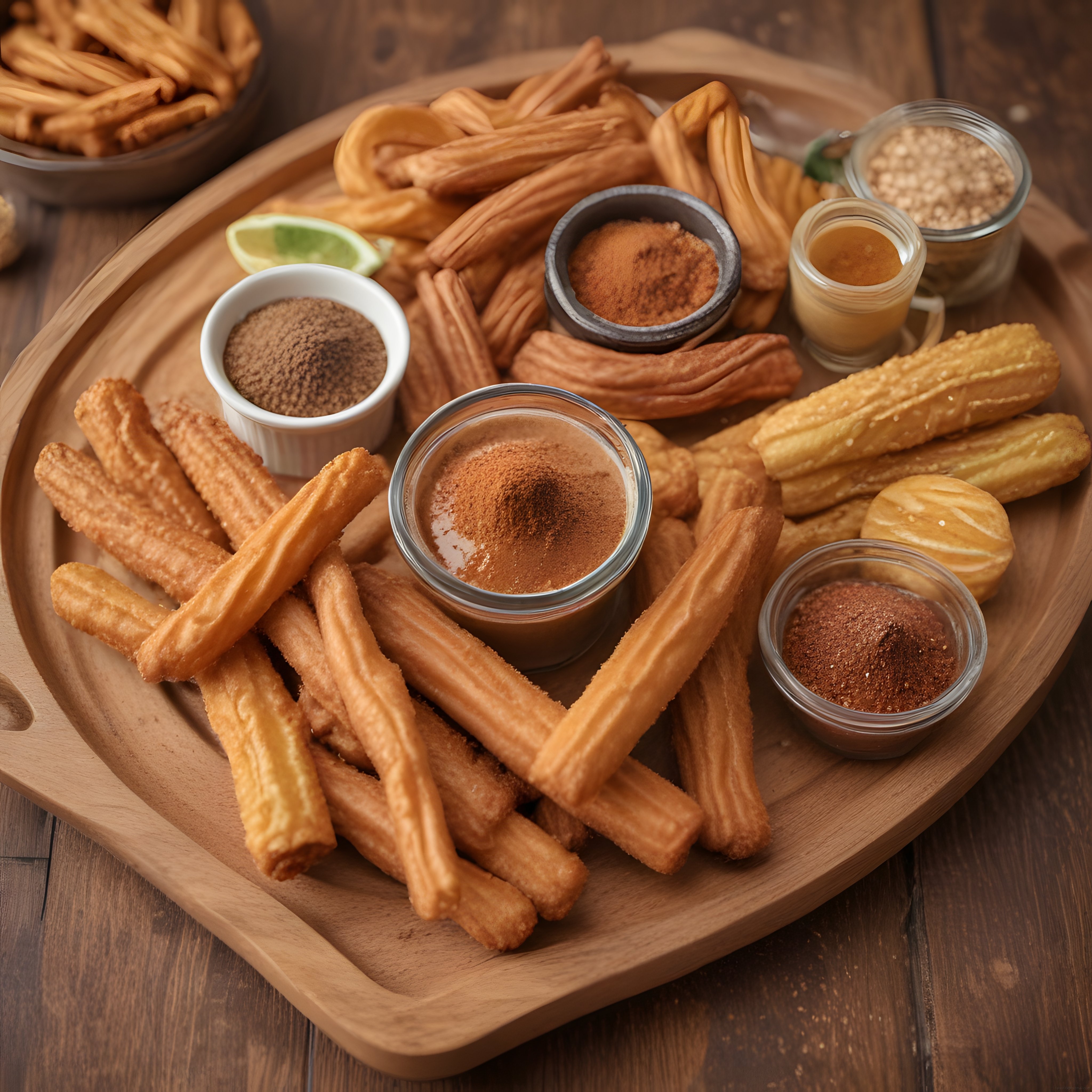 Rustik ahşap tepsi üzerinde çıtır churros, tarçın şekeri ve ev yapımı dip soslar
