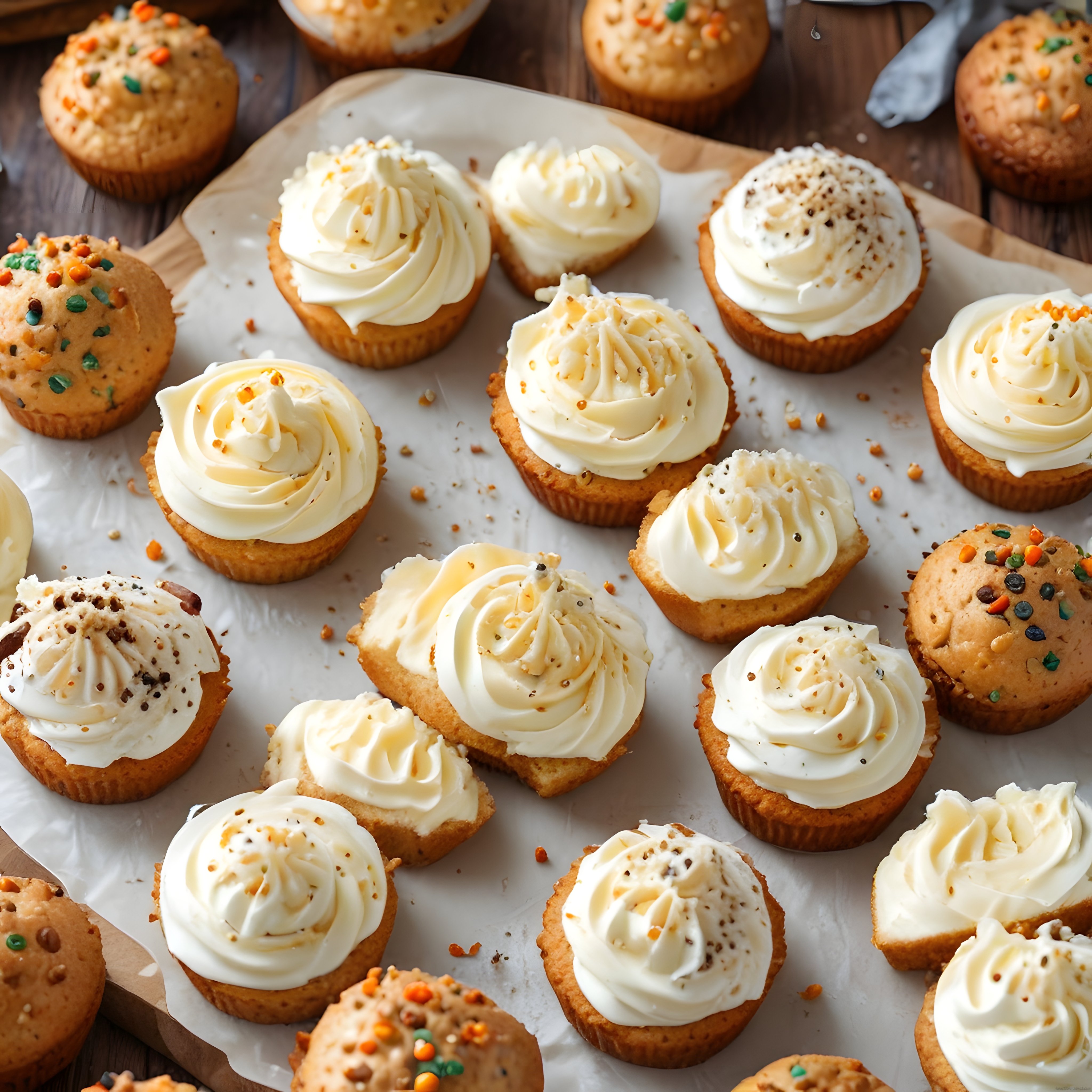 Rustik Ahşap Tepsi Üzerinde Kremalı Cupcake ve Renkli Süslü Muffinler