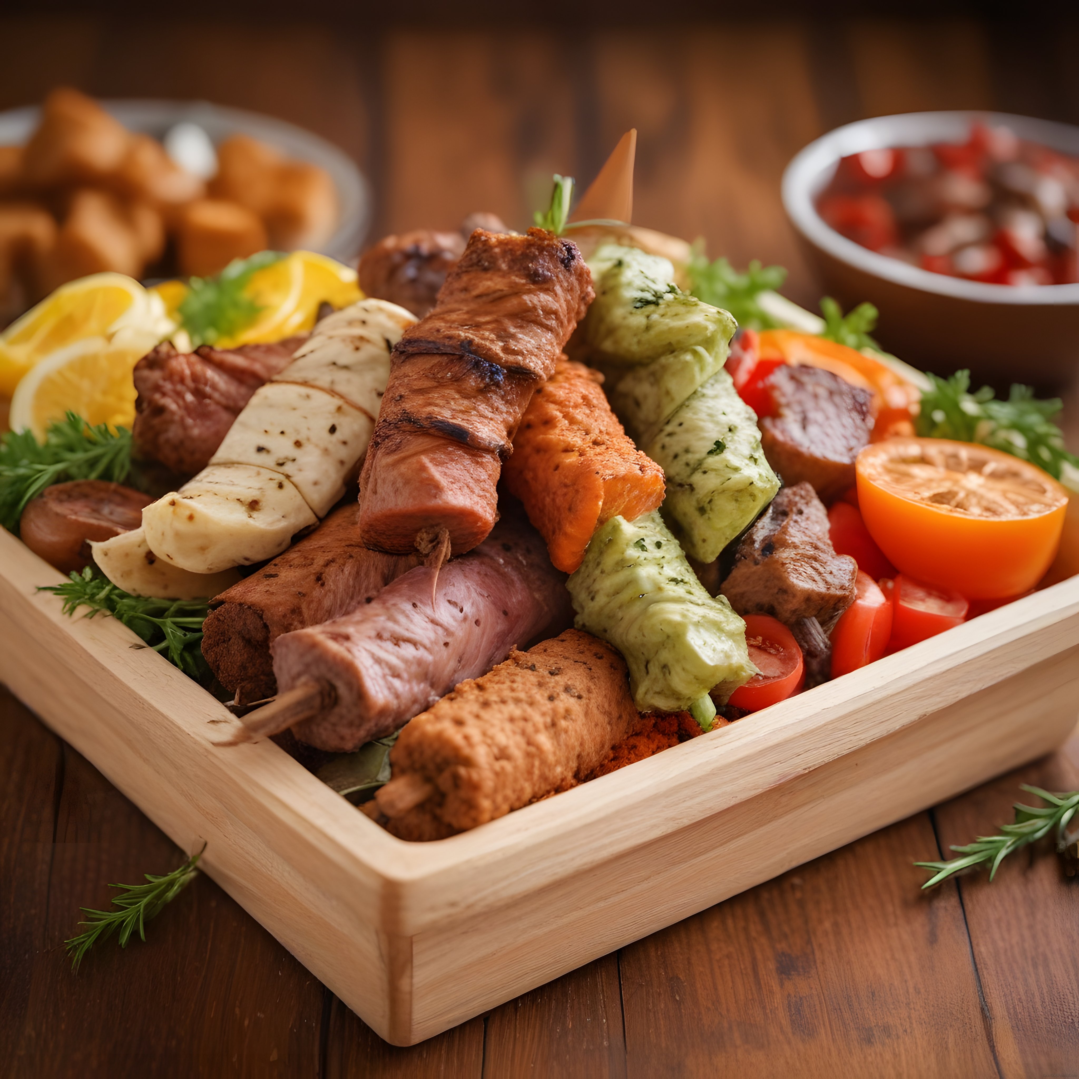Rustik Ahşap Tepsi Üzerinde Özel Marine Edilmiş Şiş Kebap ve Izgara Lezzetleri